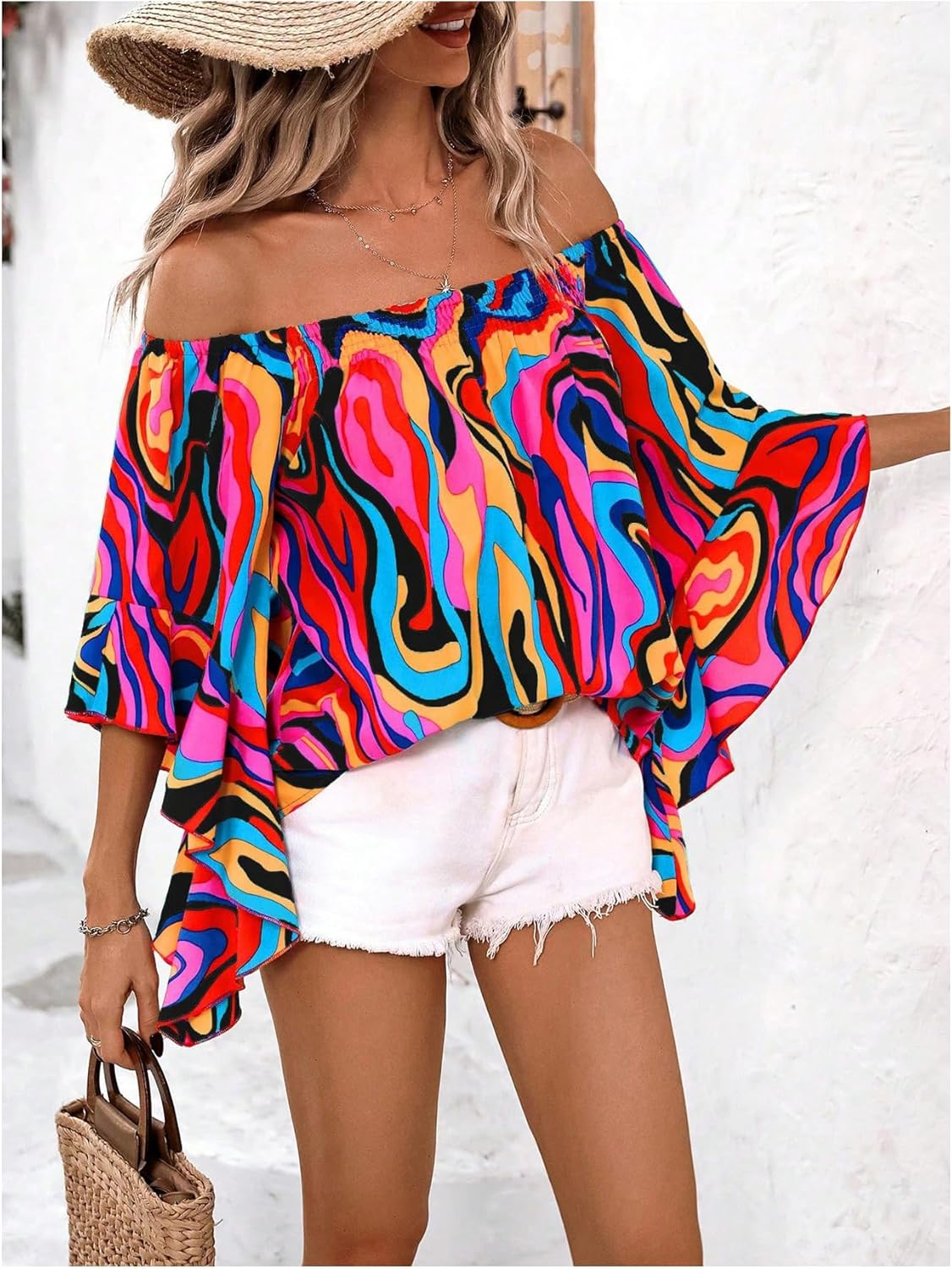 GORGLITTER Women's Off The Shoulder Tops Boho Asymmetrical 3/4 Sleeve Ruffle Colorful Blouses Shirt Tops Dressy Casual - Image 3