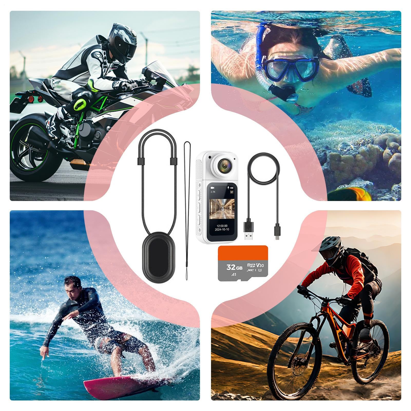 Videocamera per pollice, colore bianco, facile da usare, dispositivo di registrazione audio video, multifunzione, portatile, per viaggi, animali domestici, ciclismo, famiglia