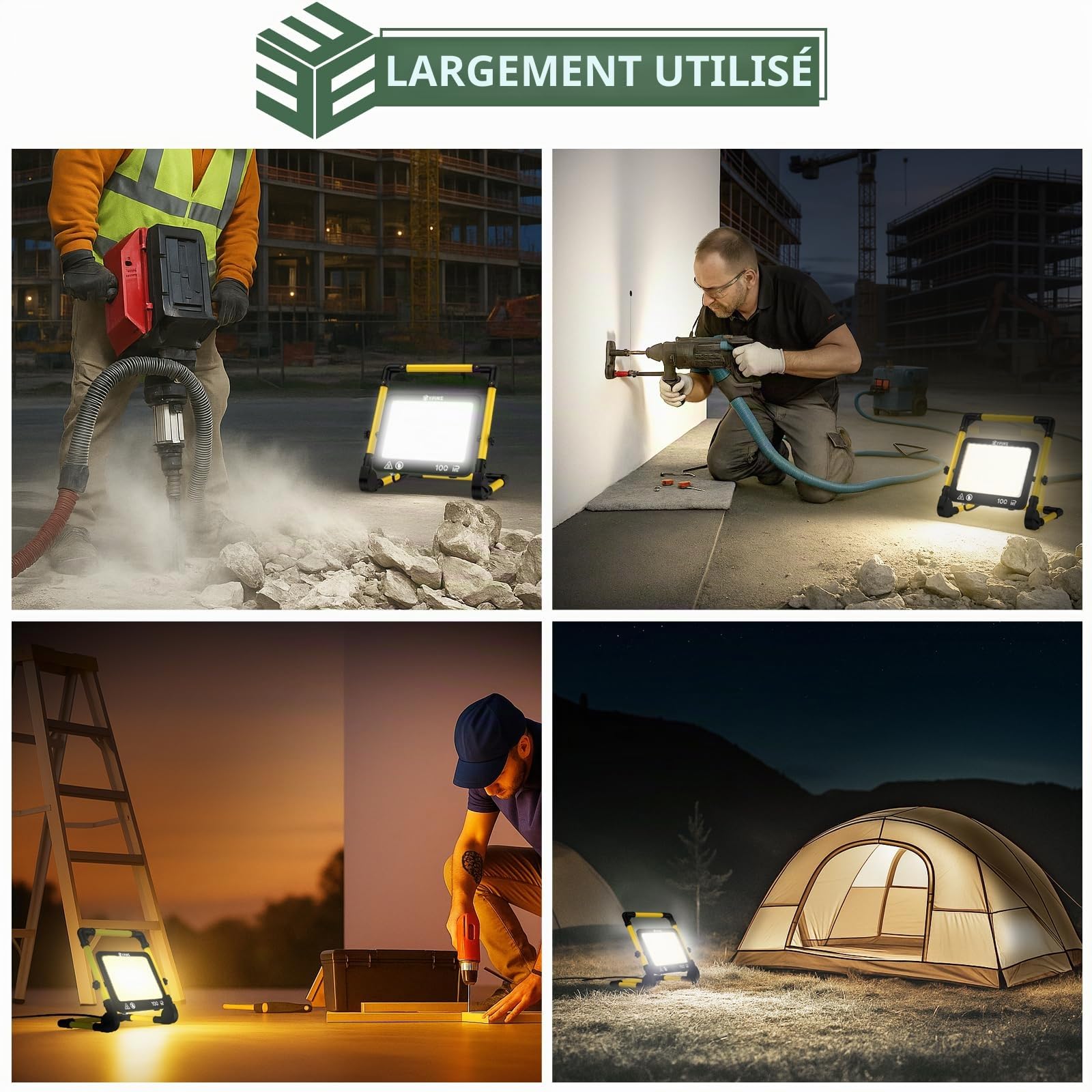 EYPINS Projecteur LED Chantier 100W 8700 Lumens, 3 Températures (3000K/5000K/6500K), IP66 Étanche & Anti-Choc, Câble 5m avec Interrupteur, 360° Rotatif pour Garage/Atelier/Camping