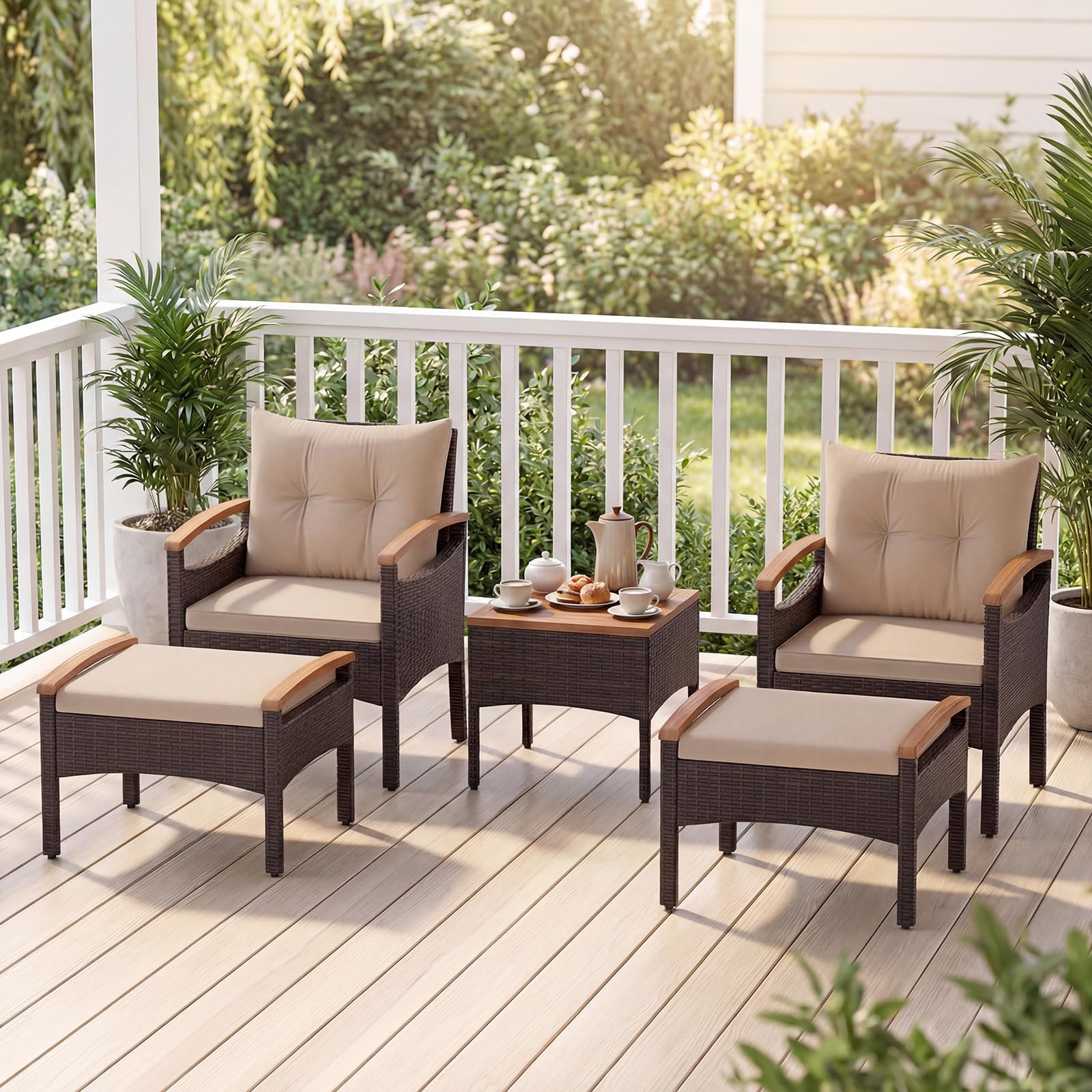 COSTWAY Set Salotto da Giardino in Rattan da 5 Pezzi con 2 Ottomane Marrone