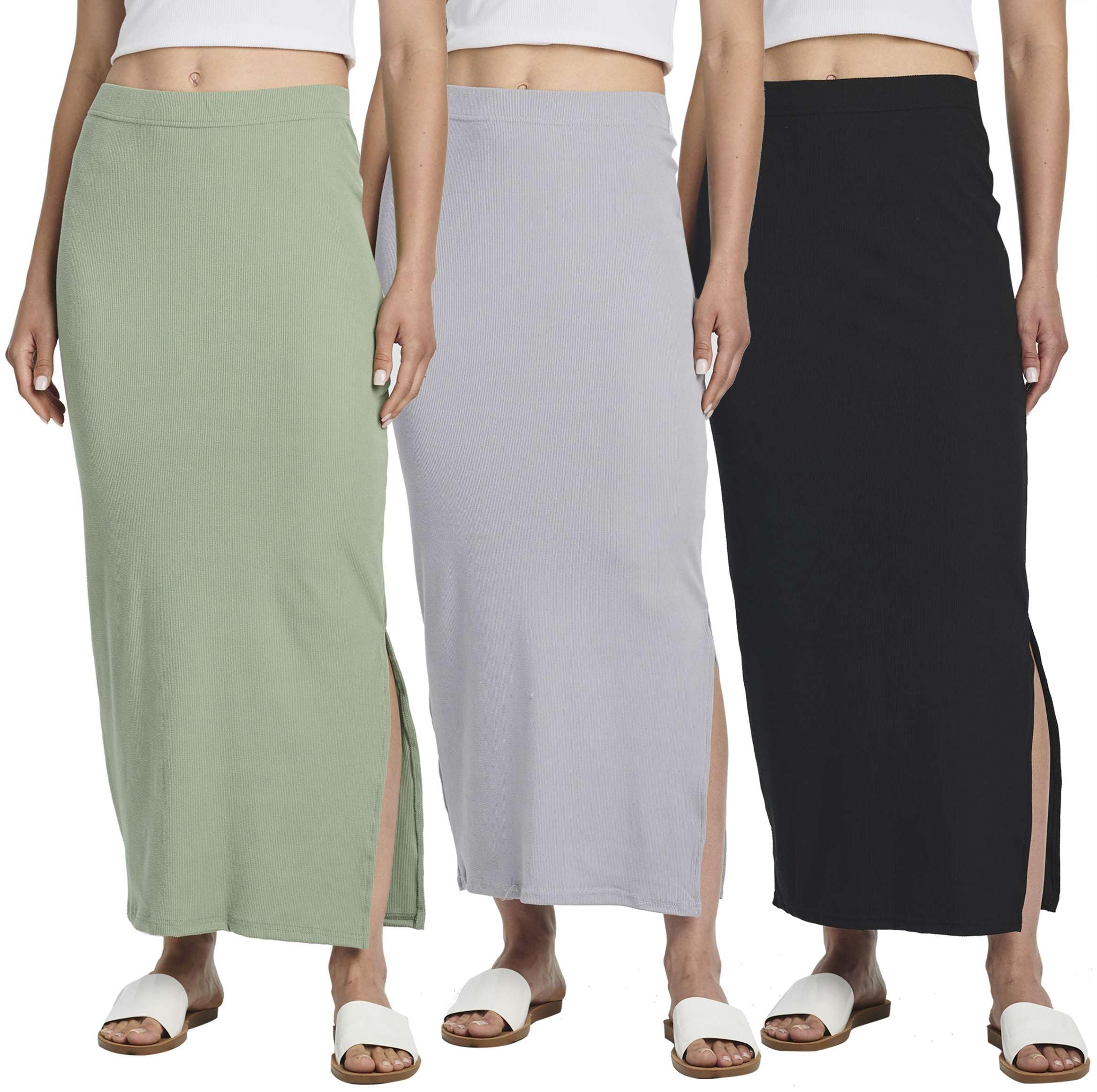 Real Essentials 3 Pack: Women's Ribbed High Waisted Maxi Skirt with Side Slit - Casual Long Pencil Skirt