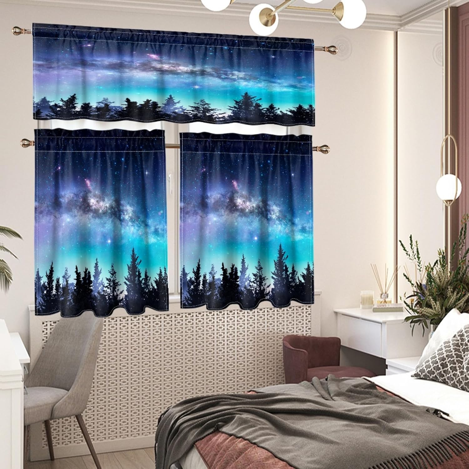 Fantasy Starry Sky Valance Curtains, Galaxy Outer Space Universe Stars Forest Print Pattern Decor Window Treatments, Rod Pocket Drapes for Kids Bedroom Living Room, 54x18in 1P+27x36in 2P