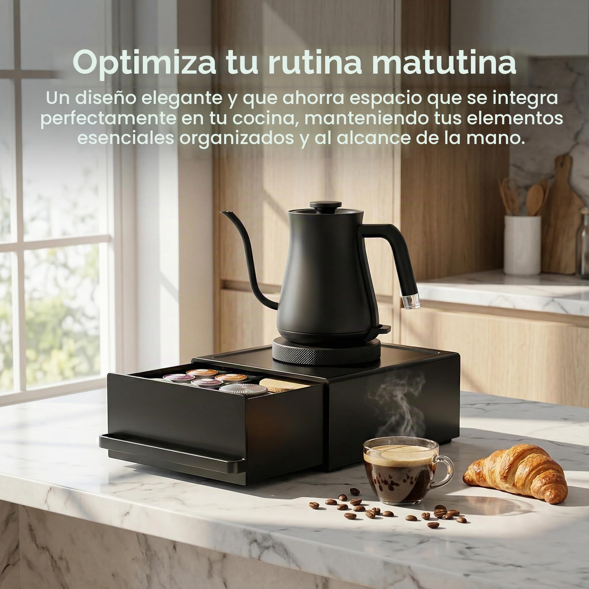 Soporte para Cápsulas de Café con Cajón Organizador de Acero al Carbono | Organizador de Café para Encimera con Almacenamiento para Cafetera y Accesorios, Capacidad de Carga de 5 kg
