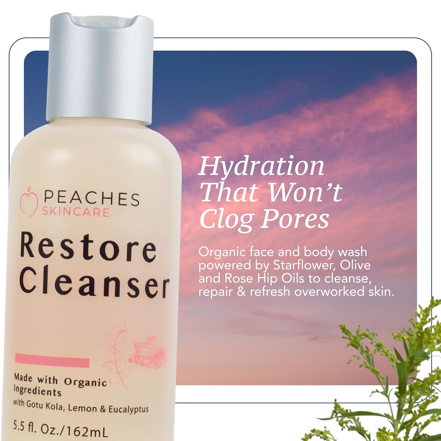 Peaches Skincare Post-Workout Vegan Face Wash with Gotu Kola, Lemongrass, and Eucalyptus – Gentle Daily Face Wash for Sweat and Oil Buildup – Restore Cleanser for All Skin Types 5.5 oz - Image 2