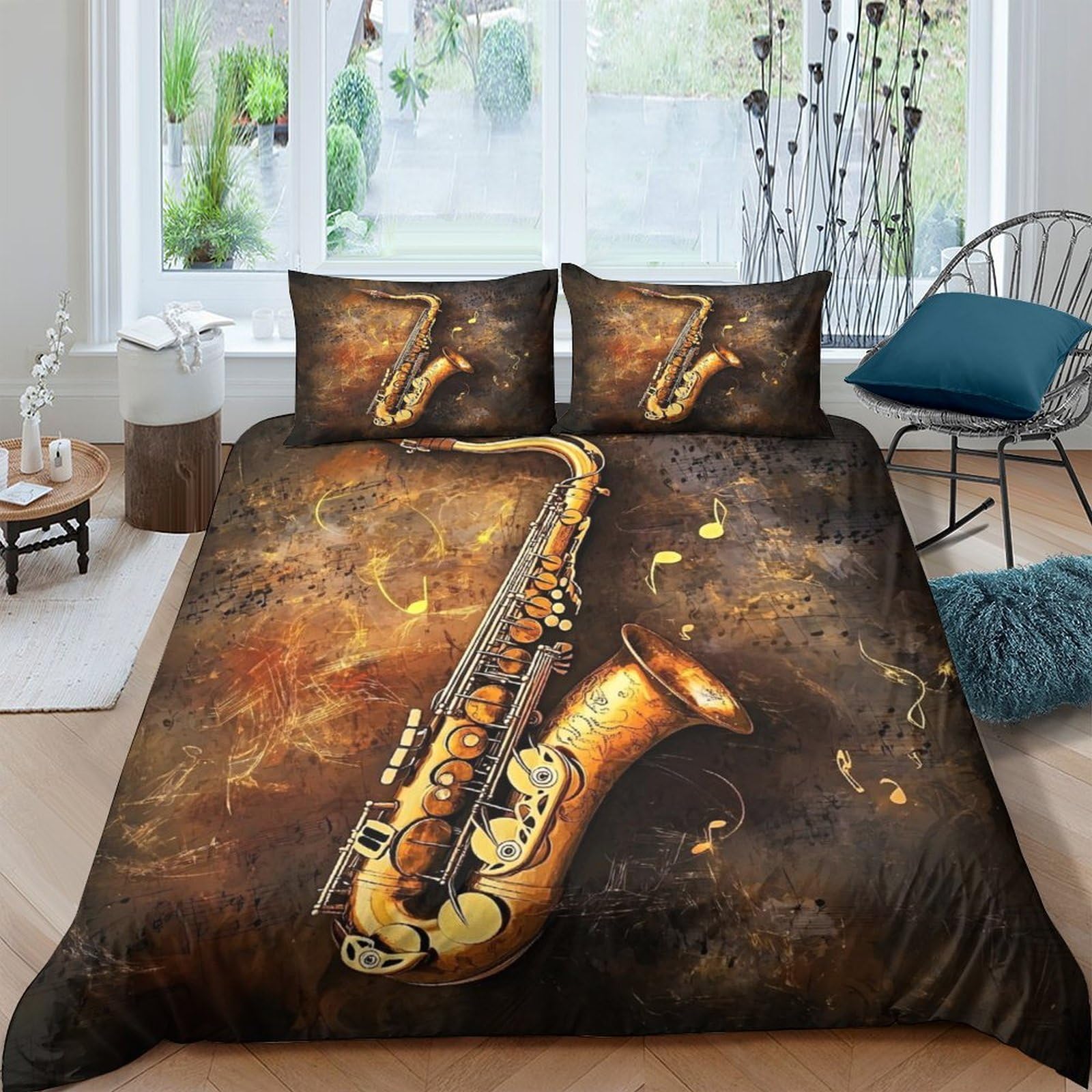Ctjqhvkz Style-4 3D Printed Jazz Saxophone Fitted Sheet Microfiber Musical Art Bed Cover Brown Bedroom Decor Mattress Protection Single（135X200cm）