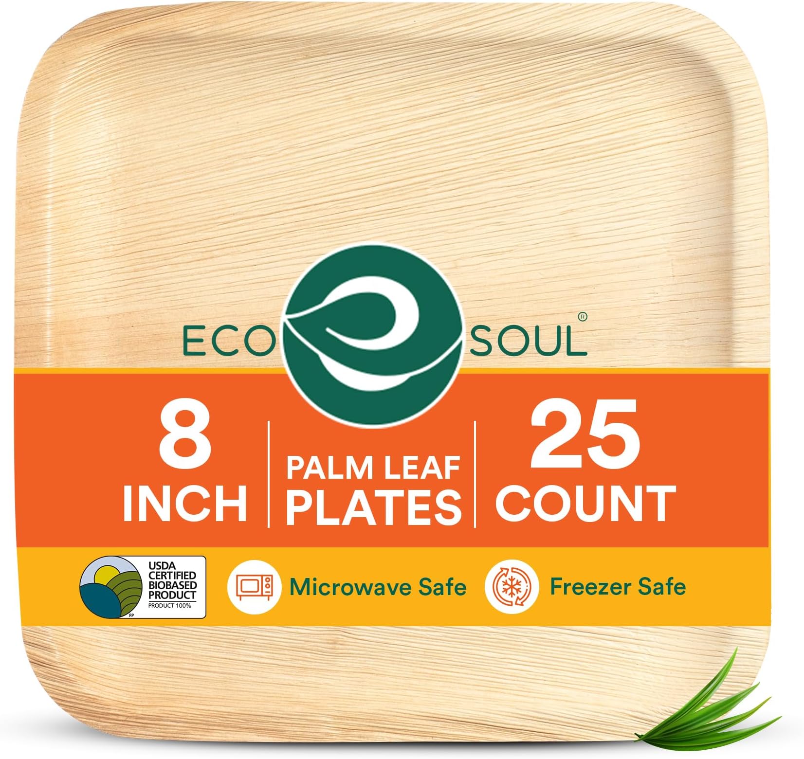 ECO SOUL [8 inch, 25-Pack] Areca Palm Leaf Square Plates Disposable Eco-Friendly Biodegradable Like Bamboo Wood Plates Party, Wedding, Event Plates (20 cm)