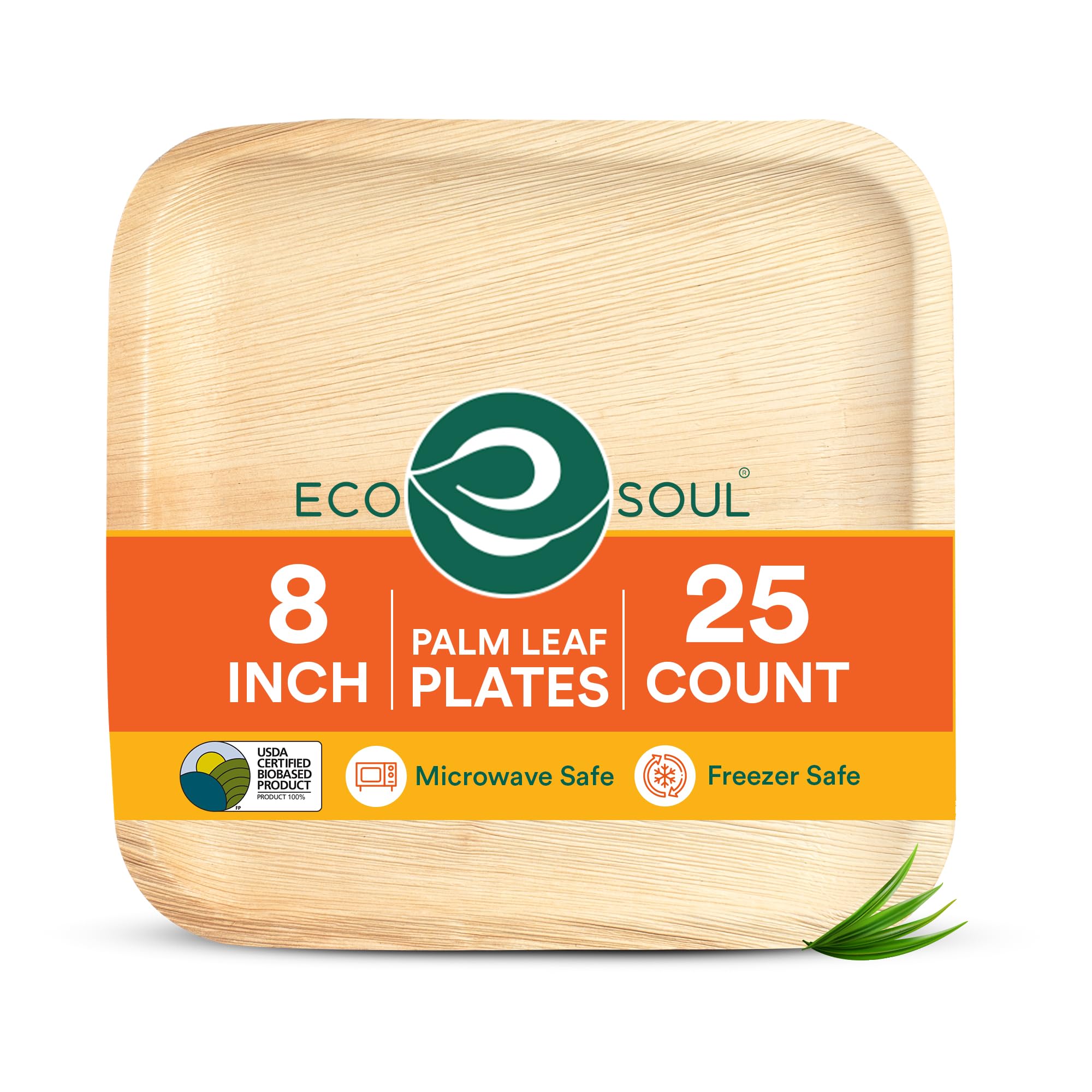ECO SOUL [8 inch, 25-Pack Areca Palm Leaf Square Plates | Disposable Eco-Friendly Biodegradable Like Bamboo Wood Plates | Party, Wedding, Event Plates (20 cm)