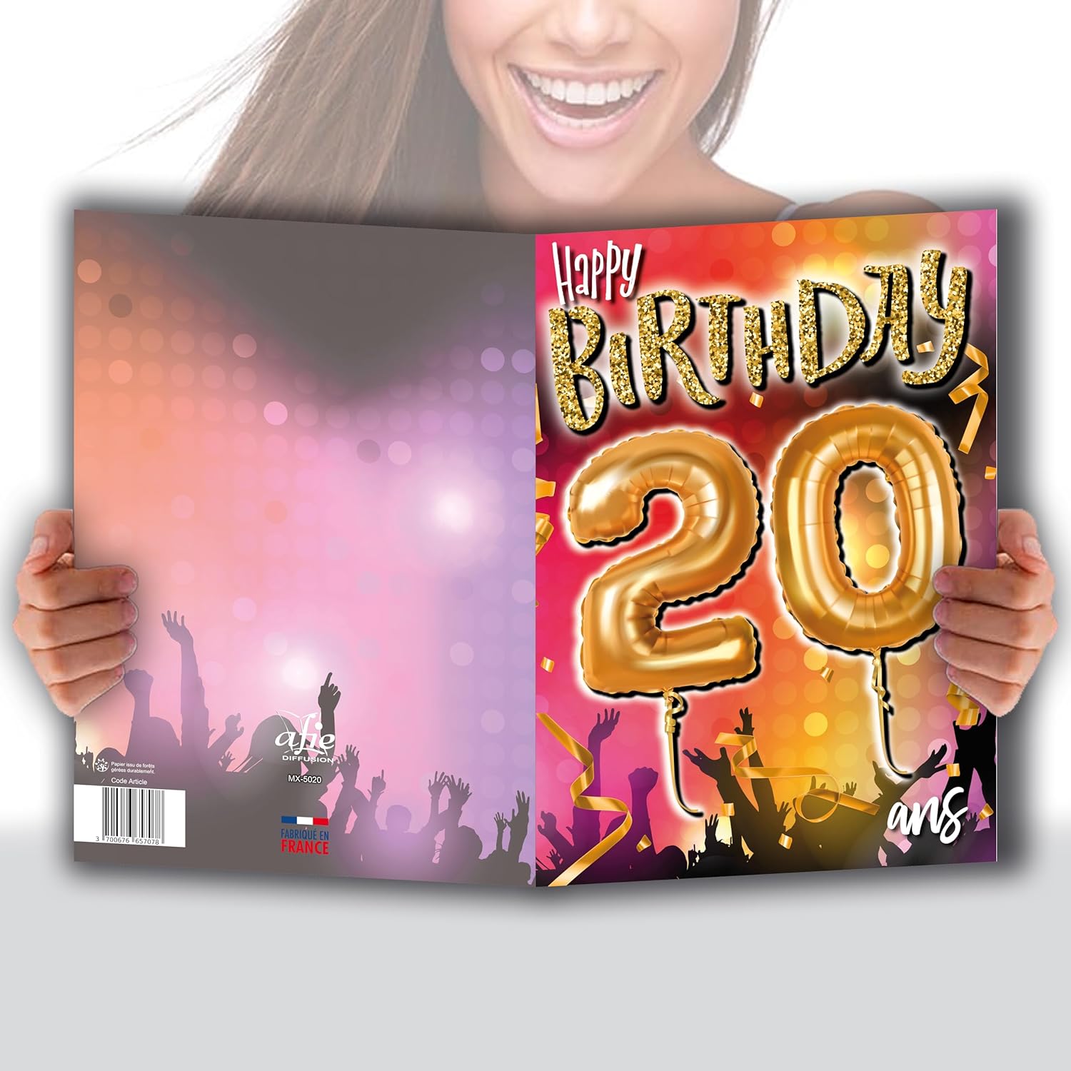 MAXI MX-5020 Large XXL Giant Card for 20th Birthday Mixed H/F + Envelope Format 32 x 23 cm - Number Balloons Gold Number Party Dance Music Atmosphere Concert Festival - Made in France MX-5020