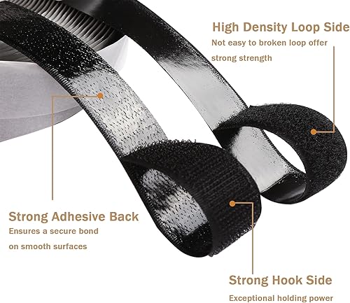 Miniatura 3 de Cinta adhesiva de gancho y bucle de 1 pulgada, cinta de montaje autoadhesiva negra para el hogar, escuela, oficina, auto y organización de