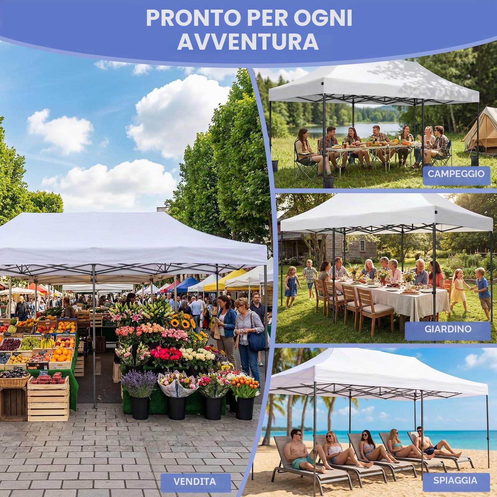 VOWNER Gazebo 3x6m Pieghevole Impermeabile, Gazebo Esterno Resistente Pop-up Regolabile in Altezza, Giardino Protezione UV 50+,Padiglione con Borsa, Bianco