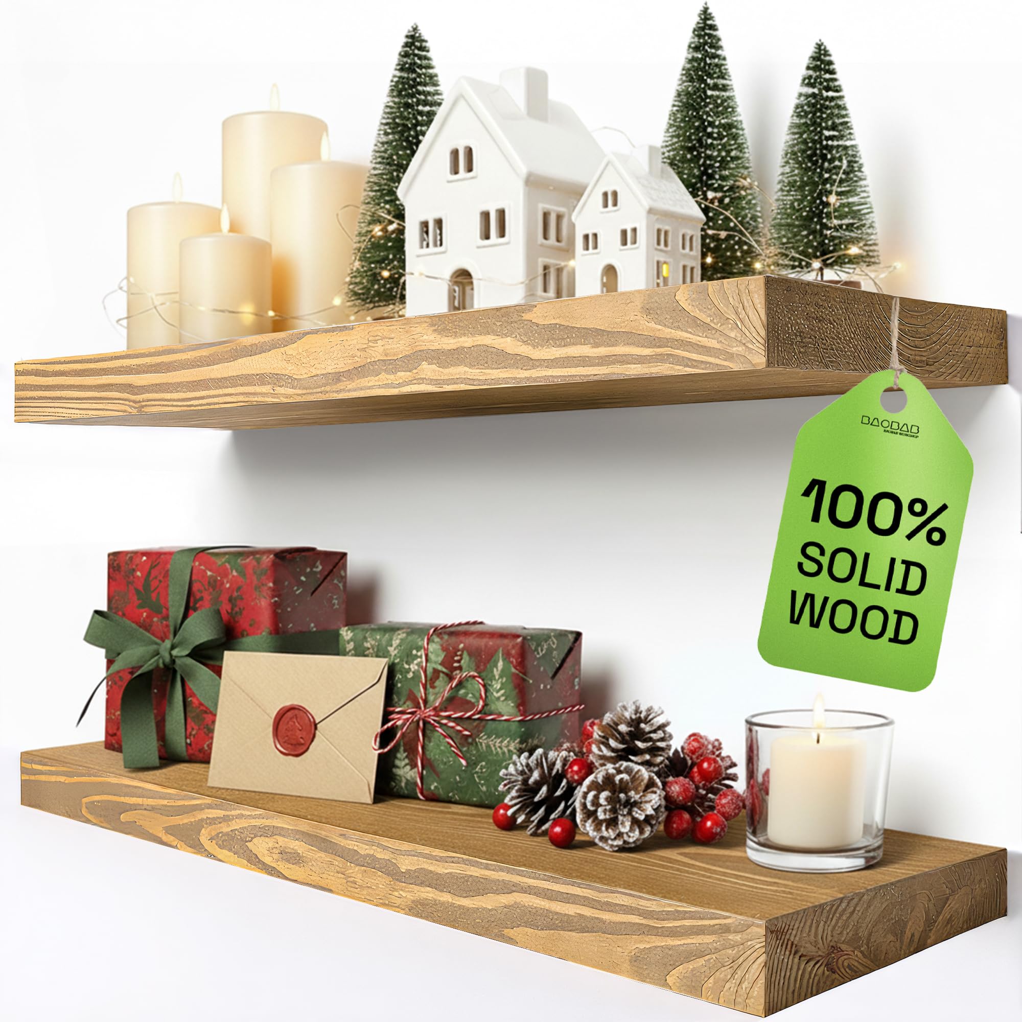 BAOBAB WORKSHOP Natural Wood Floating Shelves for Wall 24 inch - Floating Wall Shelves for Kitchen Bedroom - Wooden Bathroom Shelves - Oak Floating Shelf - 24 x 6.7 Inch, Set of 2
