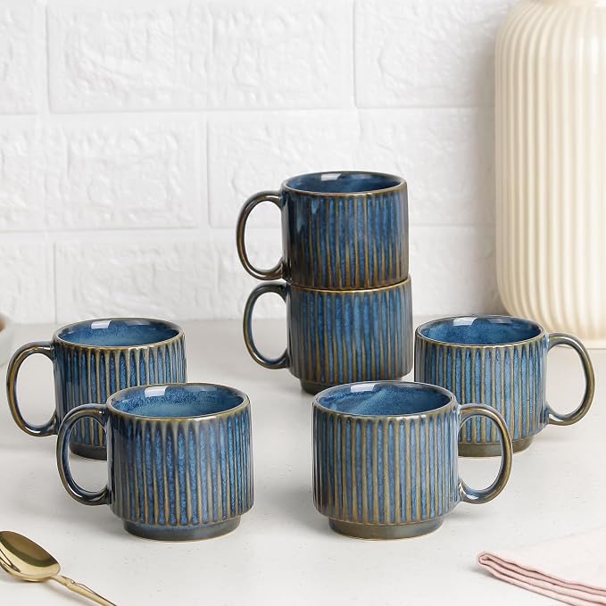 The Earth Store Glam Blue Fringe Premium Ceramic Cup Set of 6 for Tea, 160 ML Each, Microwave and Dishwasher Safe Stackable Cup Set Tea | Chai Cups for Gifting, Home & Office Use, Every Occasion