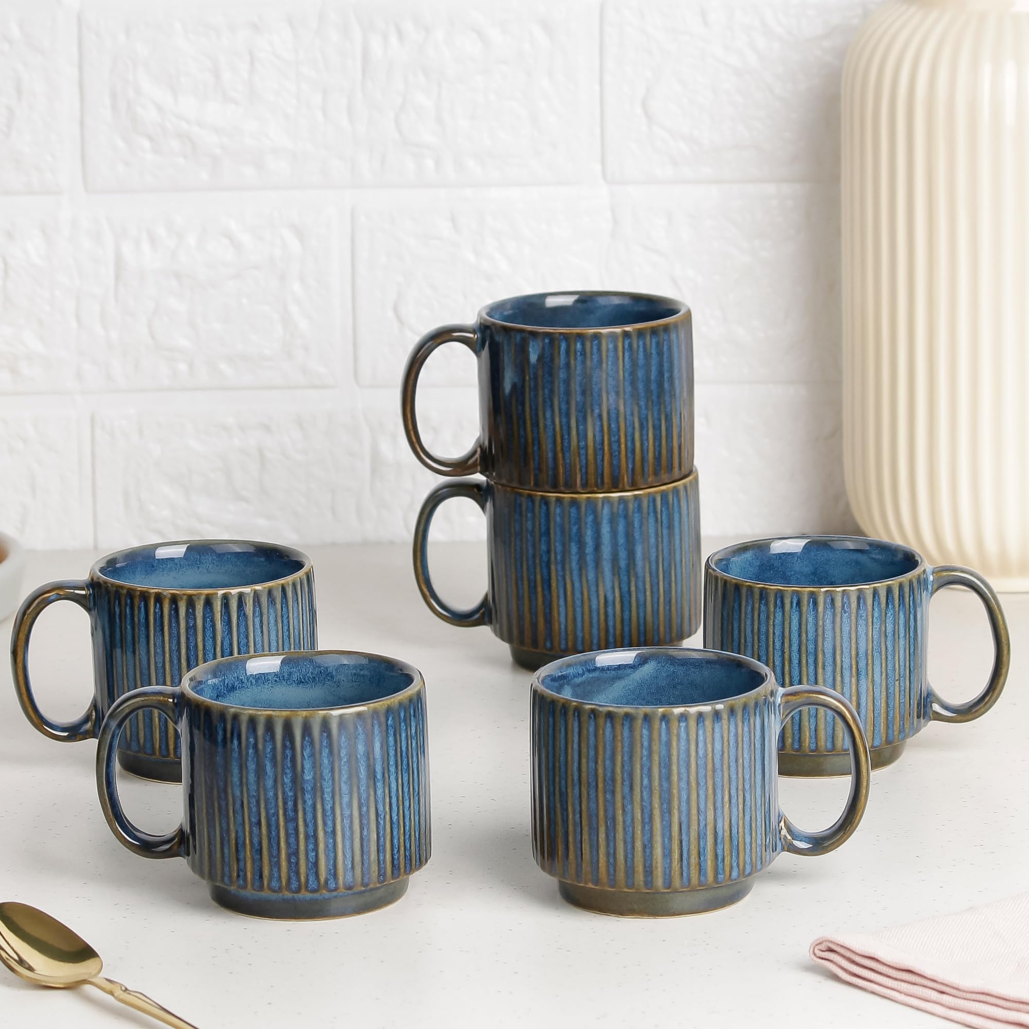 The Earth Store Glam Blue Fringe Premium Ceramic Cup Set of 6 for Tea, 160 ML Each, Microwave and Dishwasher Safe Stackable Cup Set Tea | Chai Cups for Gifting, Home & Office Use, Every Occasion