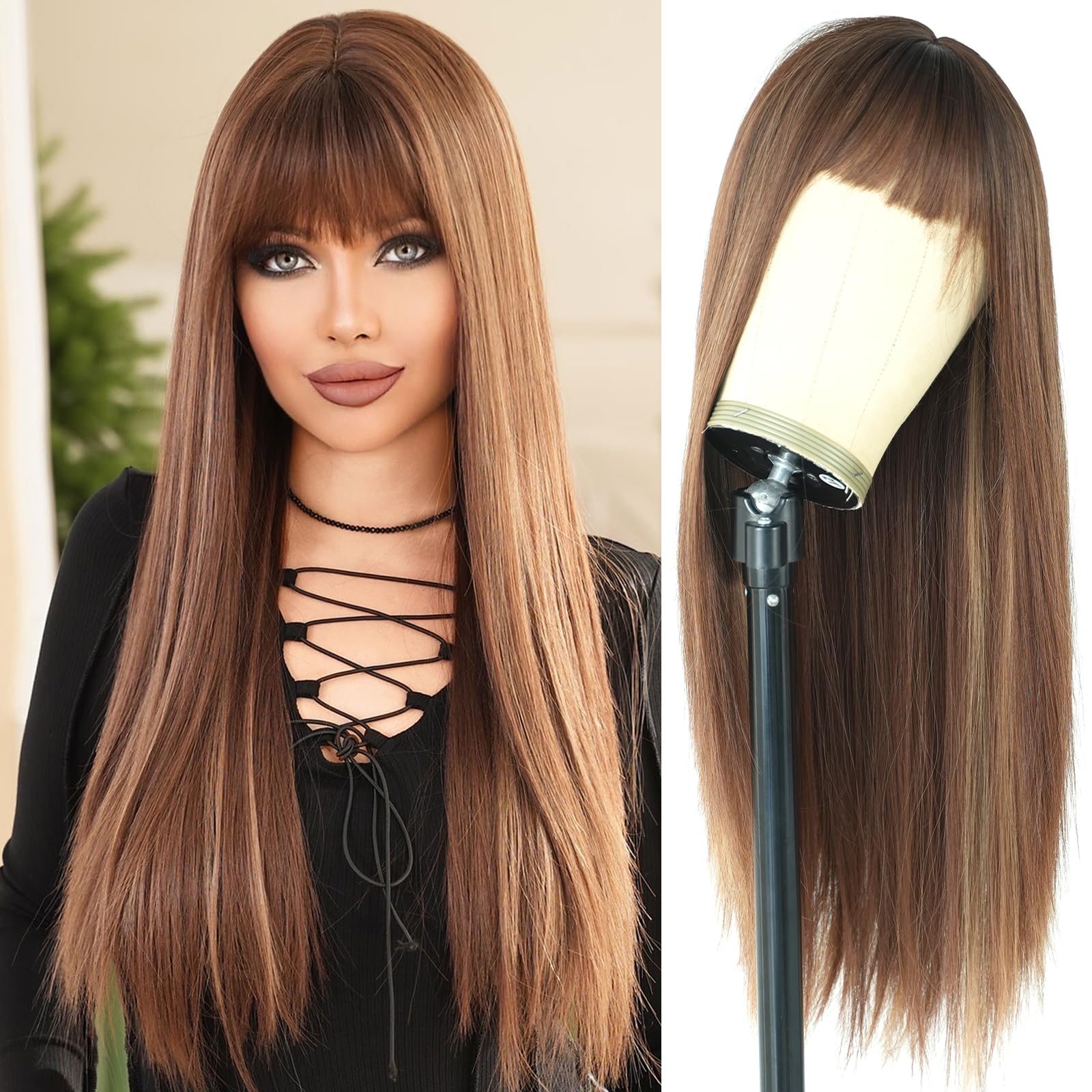 PARK YUN Long Straight Wig with Bangs for Women 28 Inch Synthetic Heat Resistant Wig Natural Looking Wigs Daily Cospaly