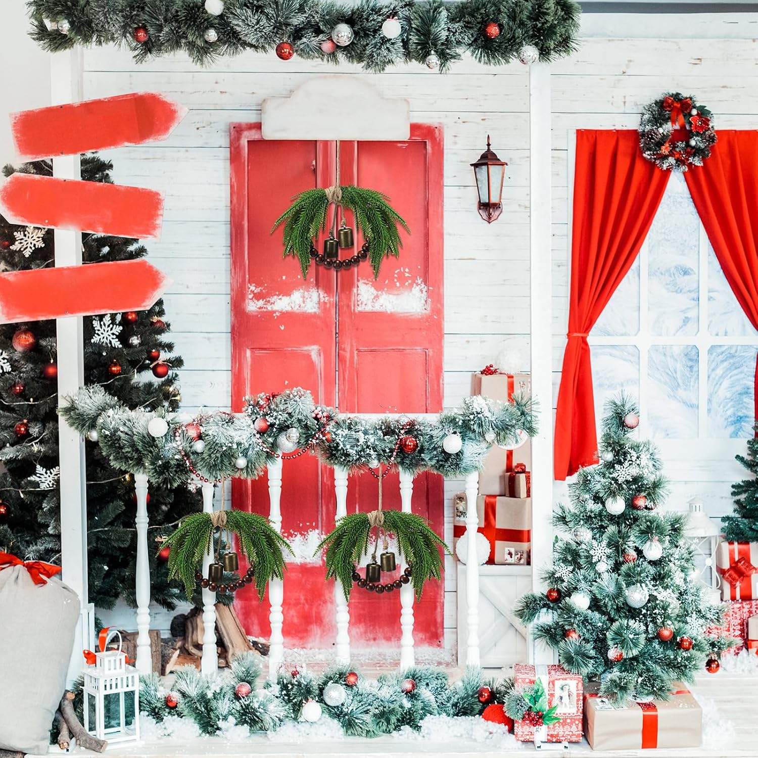 Dingion 8 Pcs Mini Christmas Wreath 8.6 Inch Small Norfolk Wreaths for Kitchen Cabinets Vintage Mini Wreath with Wood Bead Bell Rustic for Xmas Front Door Window Chair Farmhouse Decor