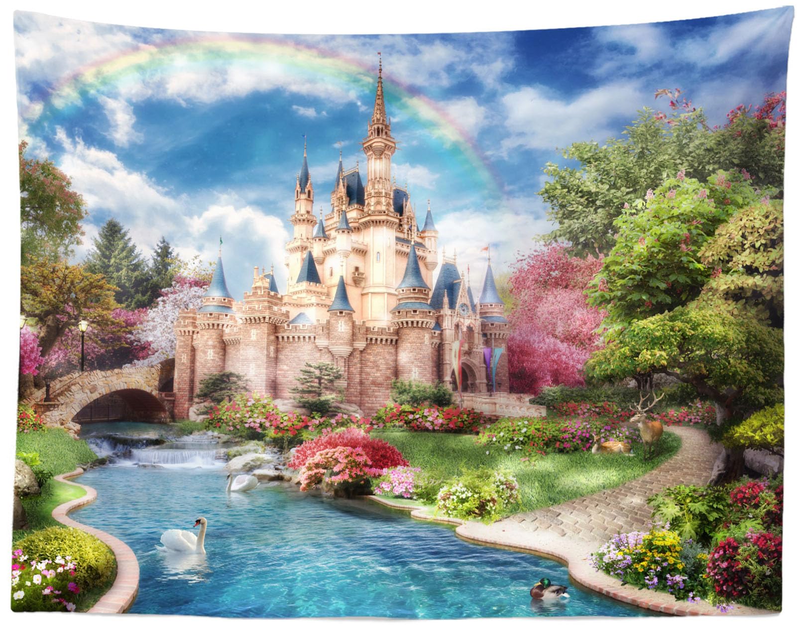 Sfondo Fotografico 7x5 Ft – Giardino Castello Principessa, Arcobaleno E Cigni – In Poliestere, Per Feste E Compleanni