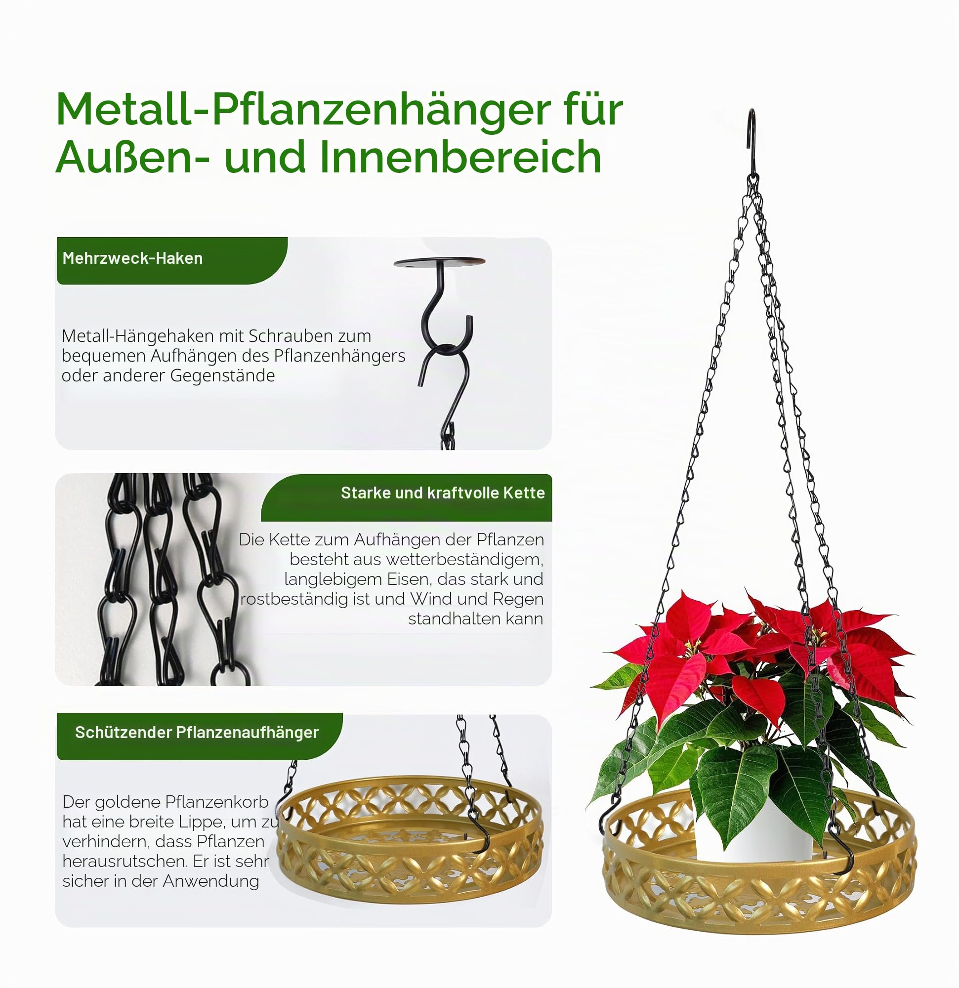 3 hängeblumentopf mit Holzsockel, Metallring und Aufhängeschlaufe, runde hängende Pflanzgefäße für den Innenbereich, Schwarze hängende Pflanzgefäße für Wände und Decken