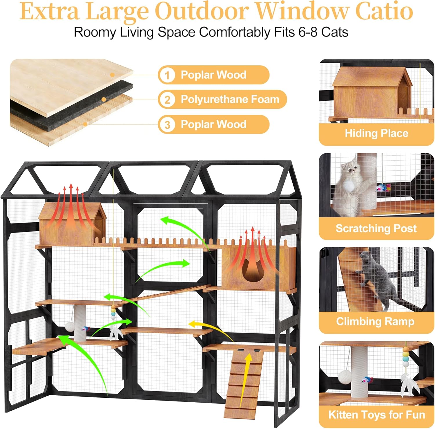 108" L Large Catio Outdoor Cat Enclosure for Multiple Kittens, 26.3 sq.ft Wooden Cat House with Waterproof Cover, Plant Stands, Walk in Kitty Cage Kennel with Condos, Platforms, Black & Wood