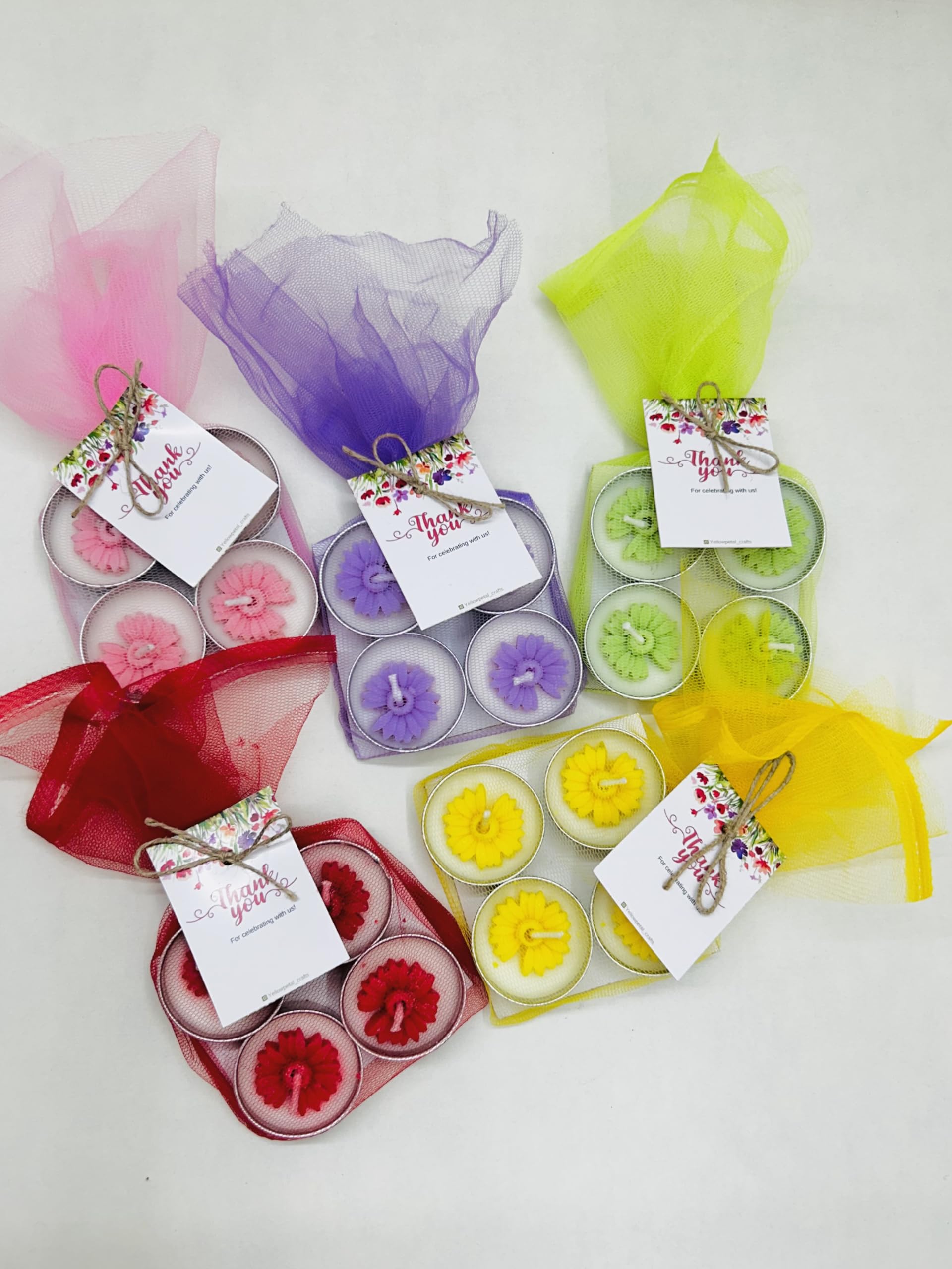 Yellow Petal Flower Tealight Candles Gift Set, Vanilla Scented, (Multi Colour) Packed in net with tkank You Tag (5 Set)