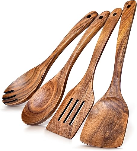 4 cucharas de madera para cocinar, juego de utensilios de cocina de madera de acacia para sartenes antiadherentes, utensilios de cocina de acabado