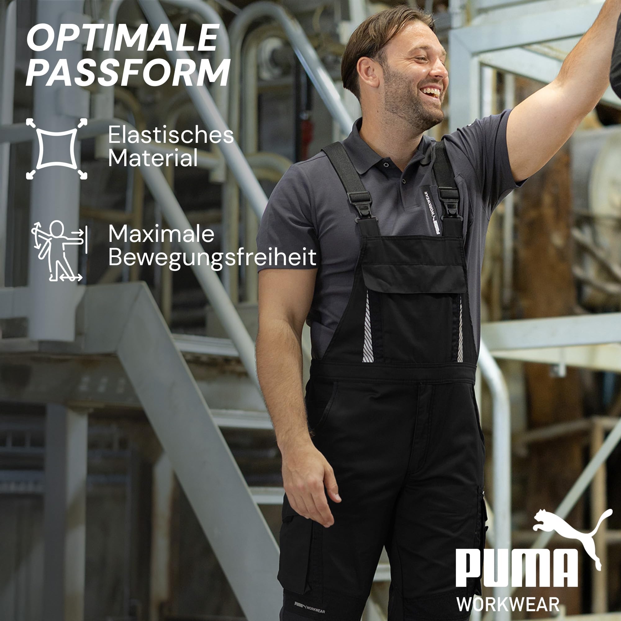 PUMA Workwear Latzhose Herren mit Multifunktionstaschen - Arbeitshose mit verstärktem Nylon Gewebe - Berufsbekleidung für Mechaniker, Handwerker, Elektriker und viele mehr