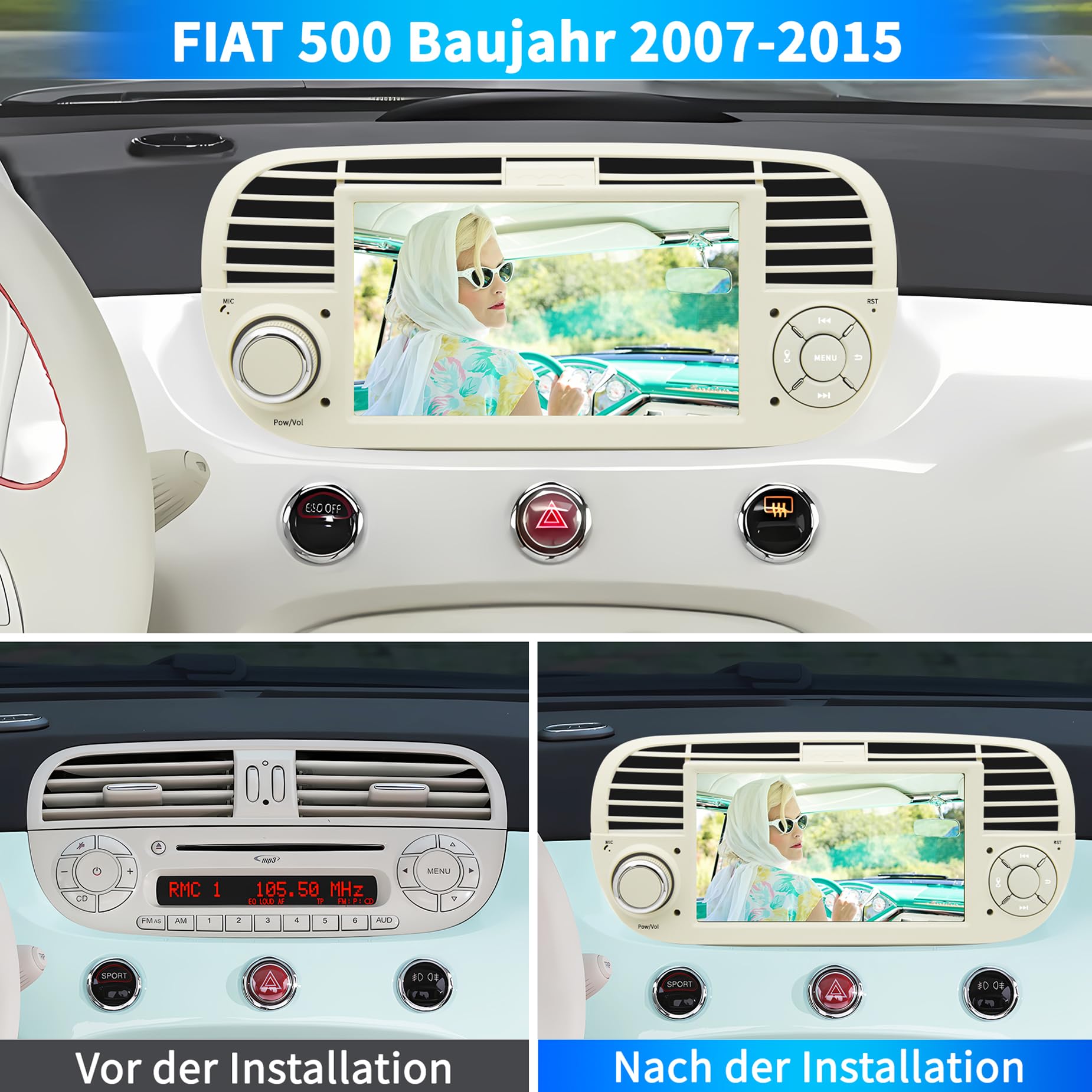 Radio de Coche para FIAT 500 2007-2015, Sistema Android 12, 2G 64G con GPS, Navi, CarPlay, Android Auto, Pantalla táctil IPS de 7 Pulgadas, WiFi, Bluetooth, FM