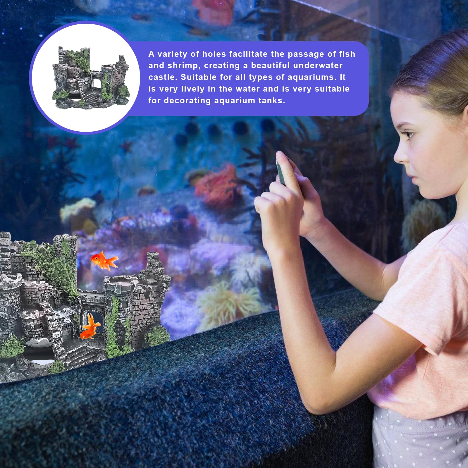 Grande décoration pour aquarium : ornements en résine, décorations de château en ruine classique, accessoires pour aquarium, paysage en polyrésine pour poissons, crevettes, tortues (château)