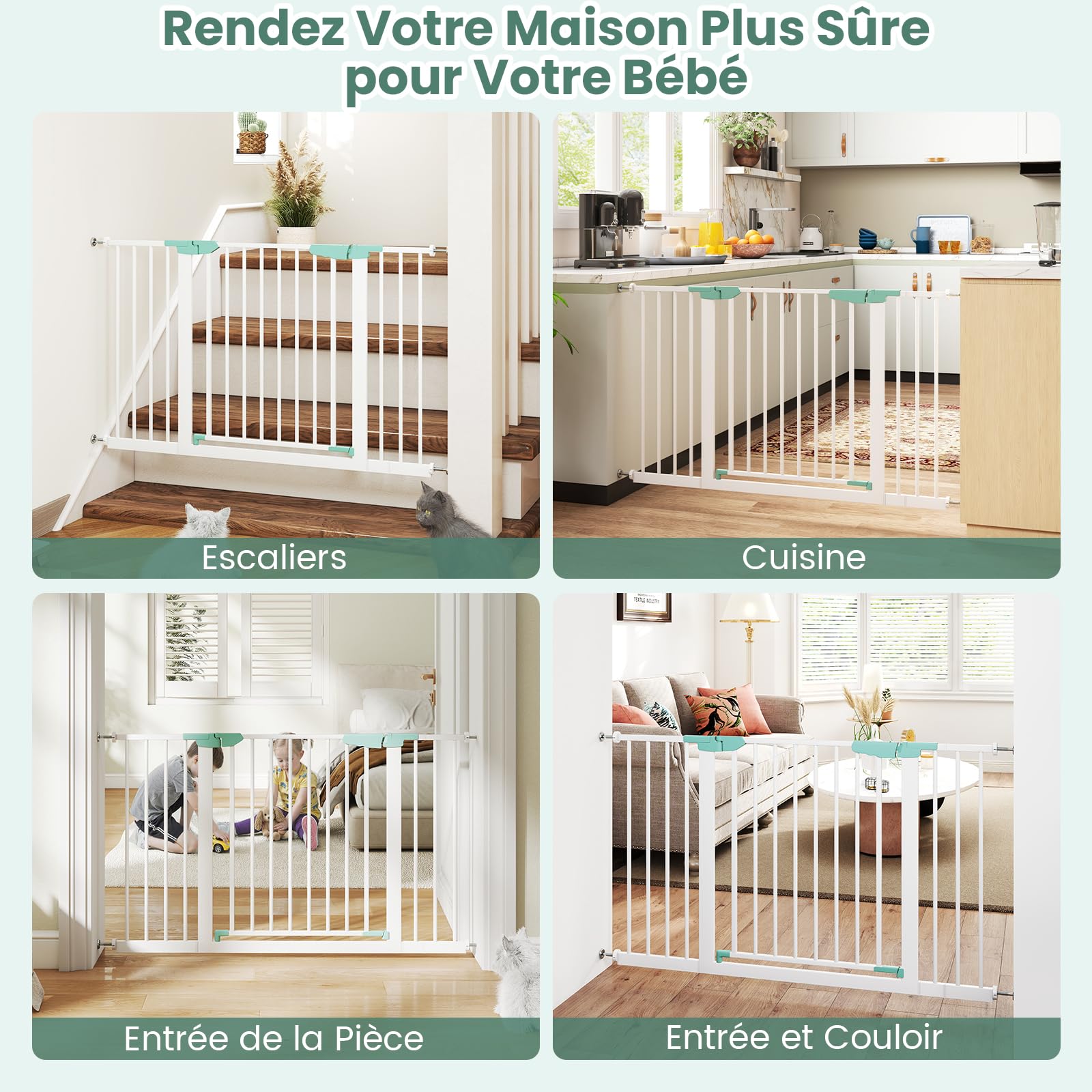 DREAMADE Barriere de Securite Enfant et Animaux sans Perçage 80-132CM avec Extension et Kit de Montage,Barrière d'Escalier à Fixation par Pression avec Fermeture Automatique,Cadre Métal (Blanc)