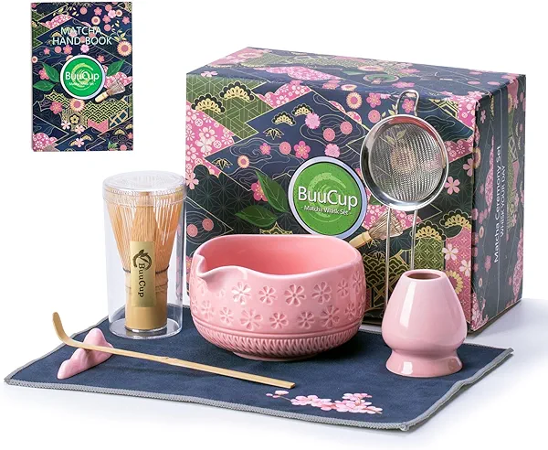Buucup Matcha Whisk Set, 7 Pcs Pink Ceramic & Bamboo Matcha Kit with Bowl, Whisk, Holder, Scoop, Rest, Sifter, Tea Towel