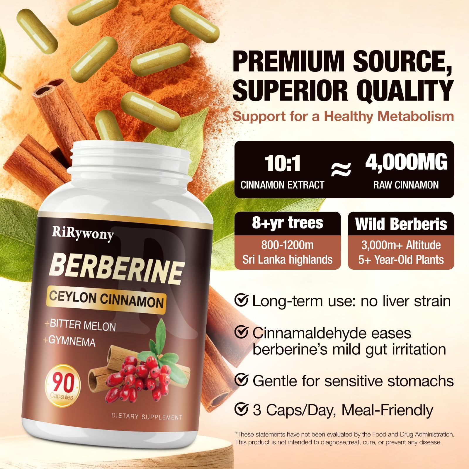 Berberine Supplement, Berberine with Ceylon Cinnamon Bitter Melon and Gymnama - 1500 MG Berberine HCL for Gut Health, 1 Pack 90Capsules — Amazon image 4