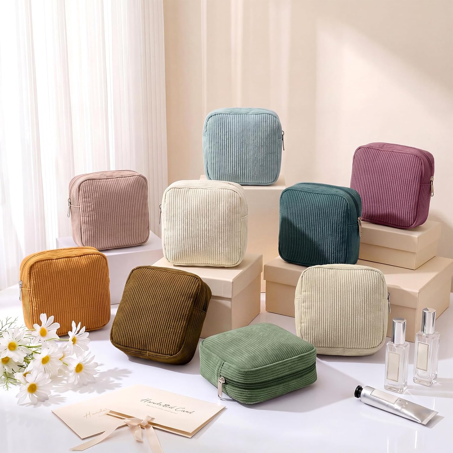 Dansydaisy 9 Pcs Sanitary Storage Pouch Mini Corduroy Makeup Bag Gift Period Bags for Teen Girls for School Tampon Bag Small Portable Zipper Travelling Gifts from Mothers to Daughters(Retro Color)