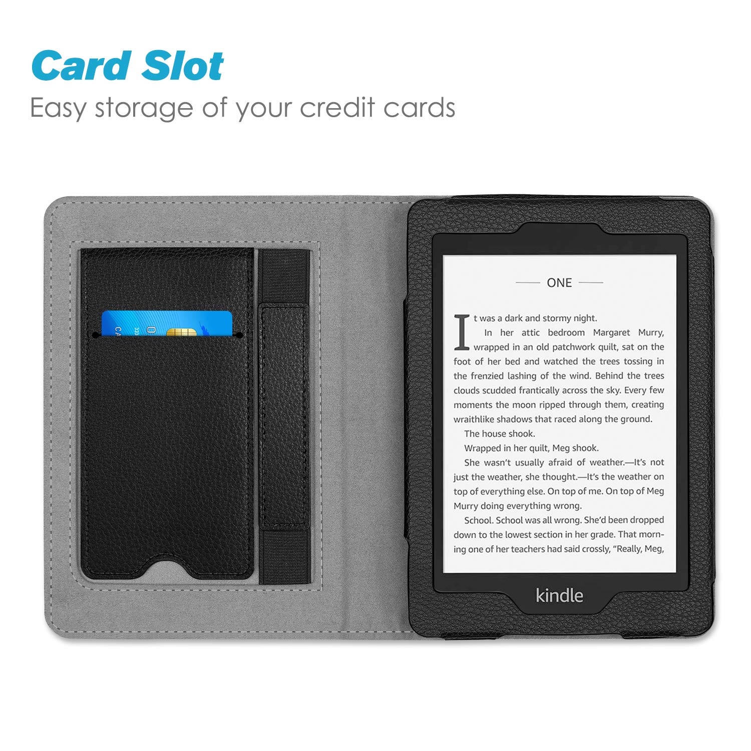 FINTIE Custodia per Kindle Paperwhite 6" 10ª Generazione 2018 2012-2017 PU Stand Cover con Card Slot Hand Strap Auto Sveglia Sonno Nero