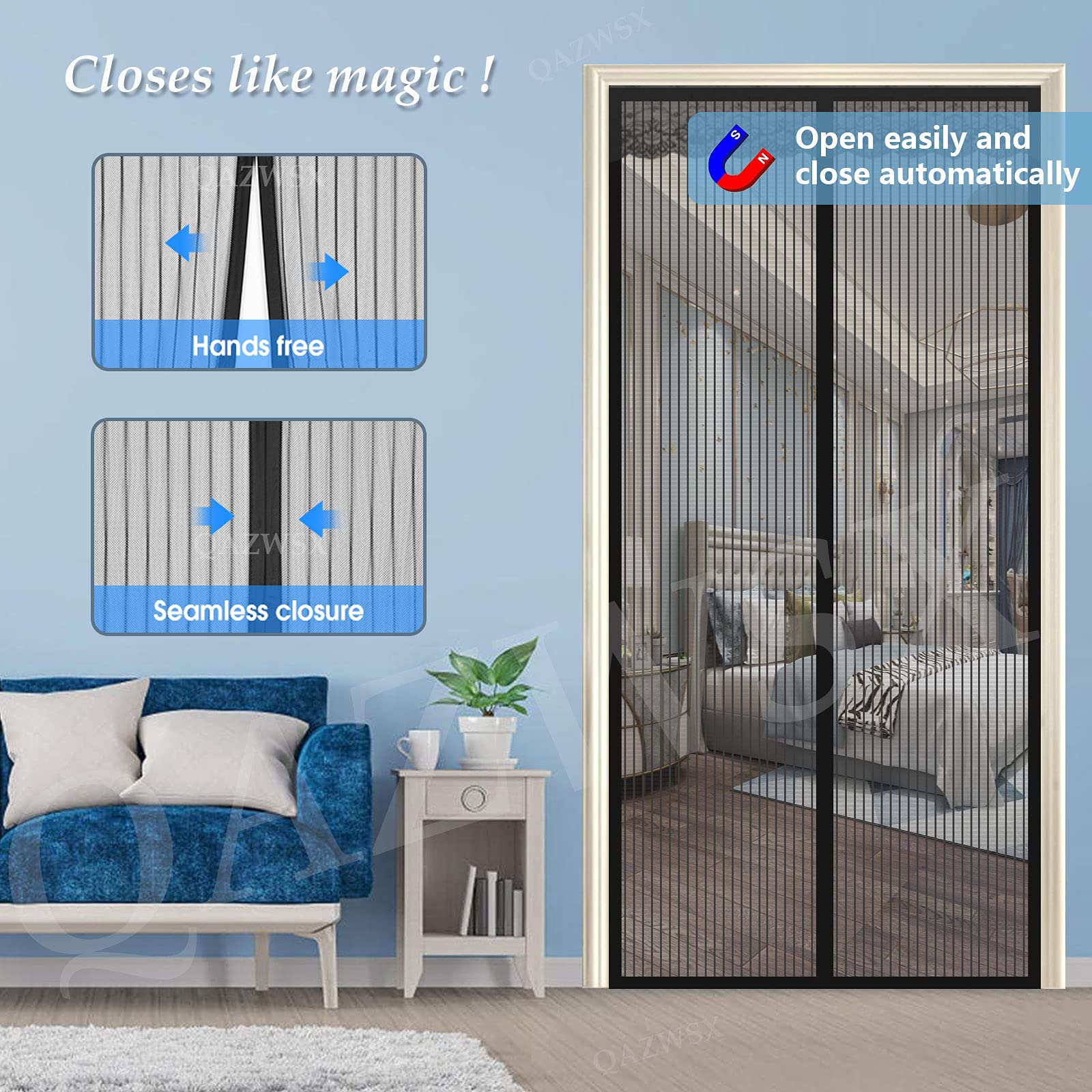 Magnetische Hordeur, Thermische Geïsoleerde Winddicht Automatisch Sluitend Magnetische Screen Deur Zonder Boren Magnetisch Vliegengordijn Voor Slaapkamer Terrasdeur Garage-100X210cm(39X83inch)-blauw