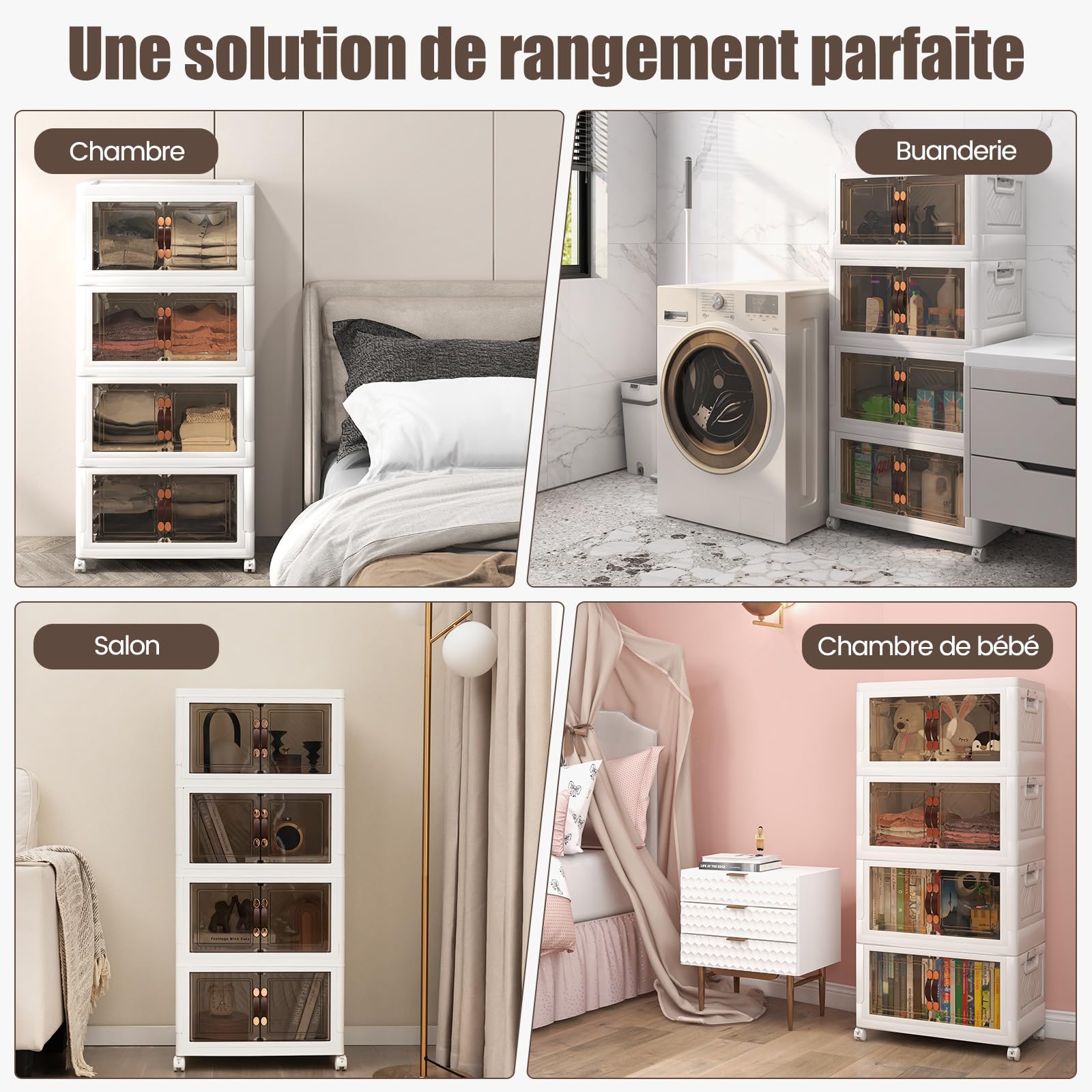 COSTWAY Boîte Rangement Plastique 165L, 4 Caisses Pliables + 1 Couvercle Supérieur, 4 Roulettes, Boite Empilable pour Vêtement, Livres, Jouets, Poignée, Porte Magnétique, Caisse pour Chambre