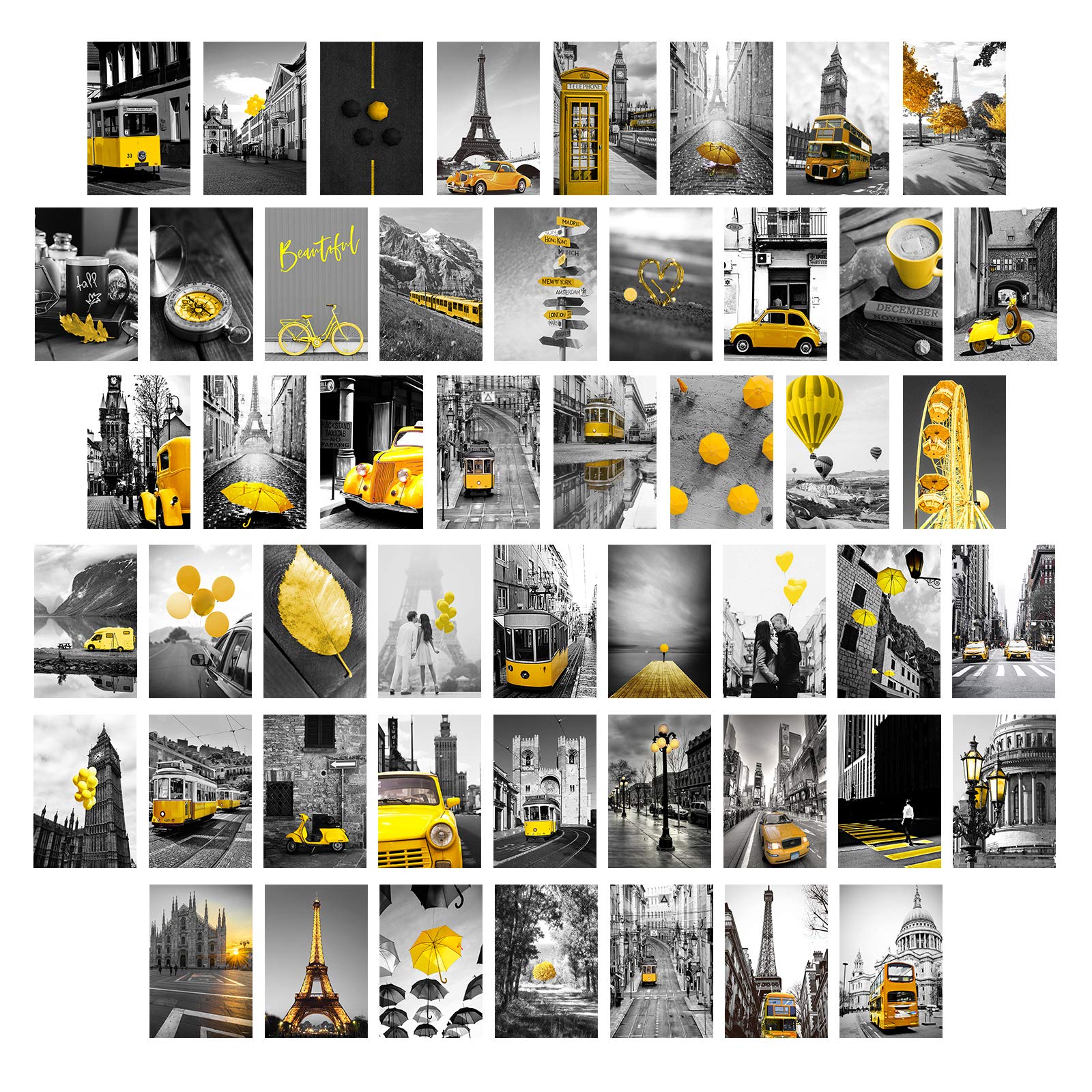 Wall Collage Kit Eiffel Tower Decor - Aesthetic Pictures Posters Black and white Paris Wall Art Romantic Modern Cityscape Yellow Umbrella Car Photo for Home Teen Girls Bedroom Dorm 50 Set 4x6inch