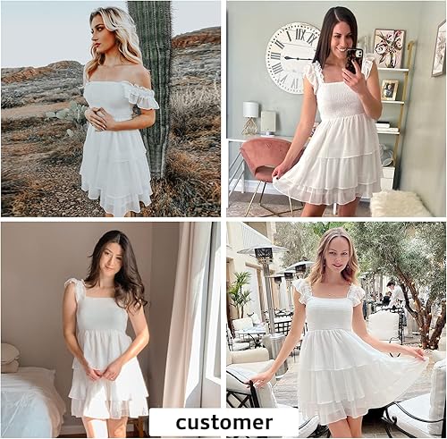 Miniatura 3 de Byinns Vestido corto sin mangas con cuello cuadrado para mujer, cintura alta, espalda descubierta, escalonado, tirantes fruncidos, casual, corto