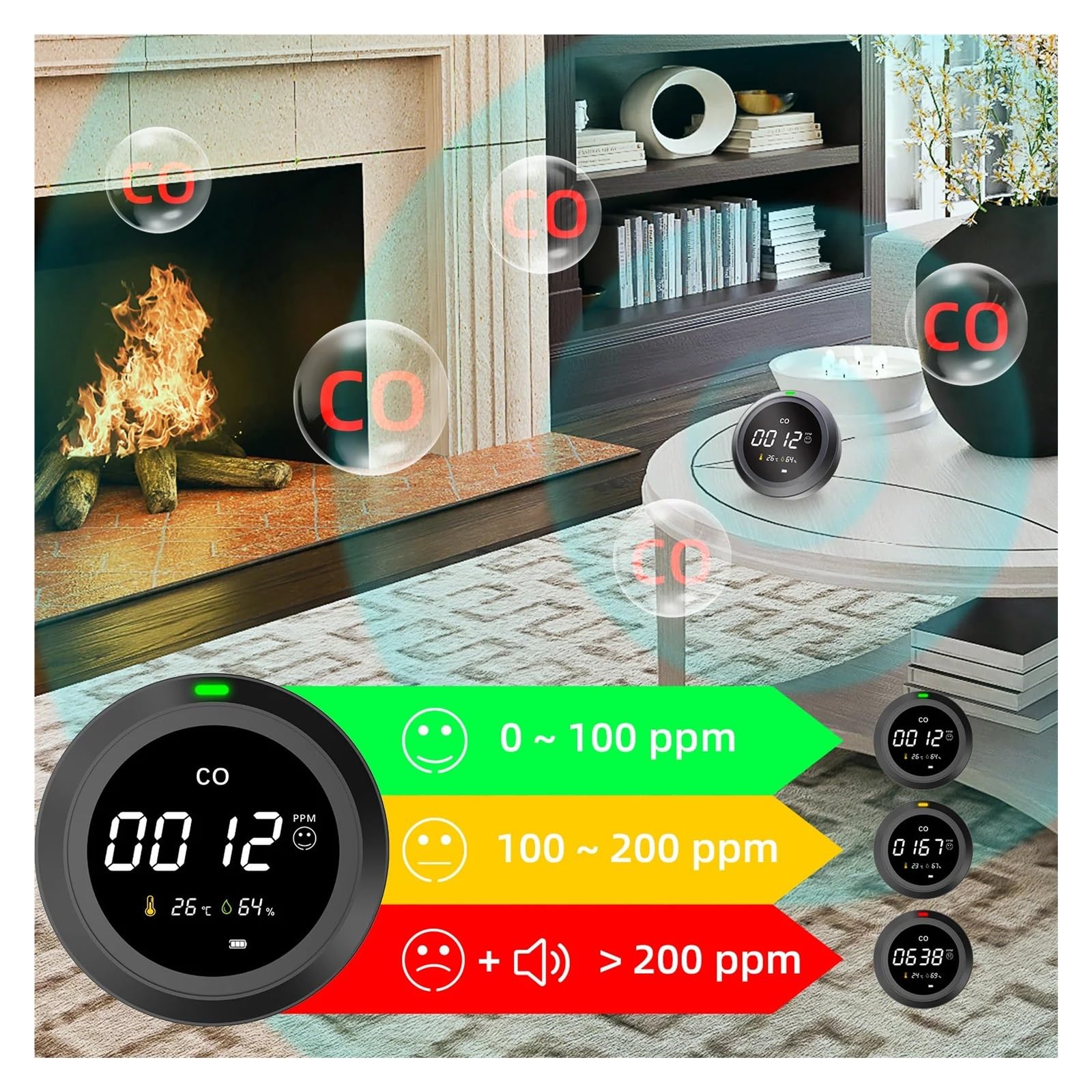 Rilevatore di gas, Rilevatore di allarme CO, luce avvertimento, sensore monossido carbonio, carbone, for la sicurezza domestica e industriale