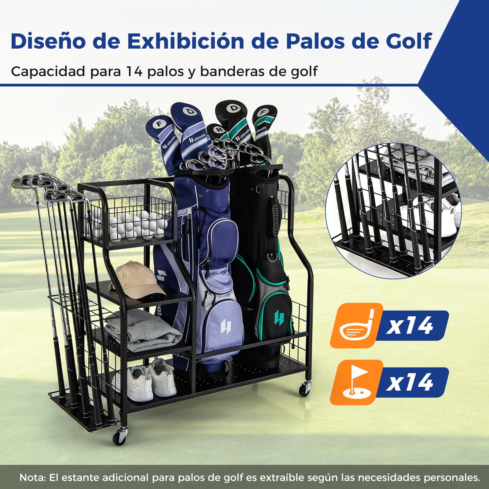 COSTWAY Organizador de Almacenamiento para Palos de Golf, 3 Estantes y 1 Cesta, Estante de Almacenaje con Ruedas Extraíbles para 2 Bolsas de Golf，6 Ganchos para Accesorios de Equipos de Golf