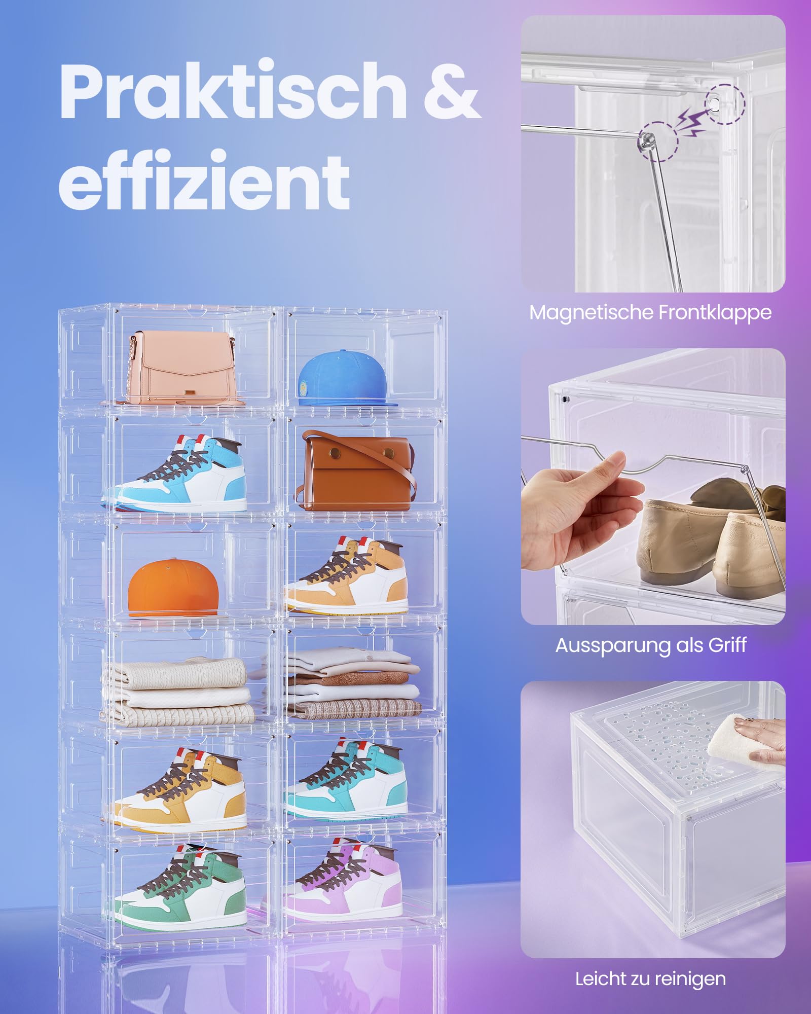 SONGMICS Schuhboxen 8er Set, Schuh-Organizer durchsichtig, aus Kunststoff, mit Tür, stapelbar, 33 x 28,5 x 19,2 cm, für Schuhe bis Größe 46, transparentes Weiß LSP508W01