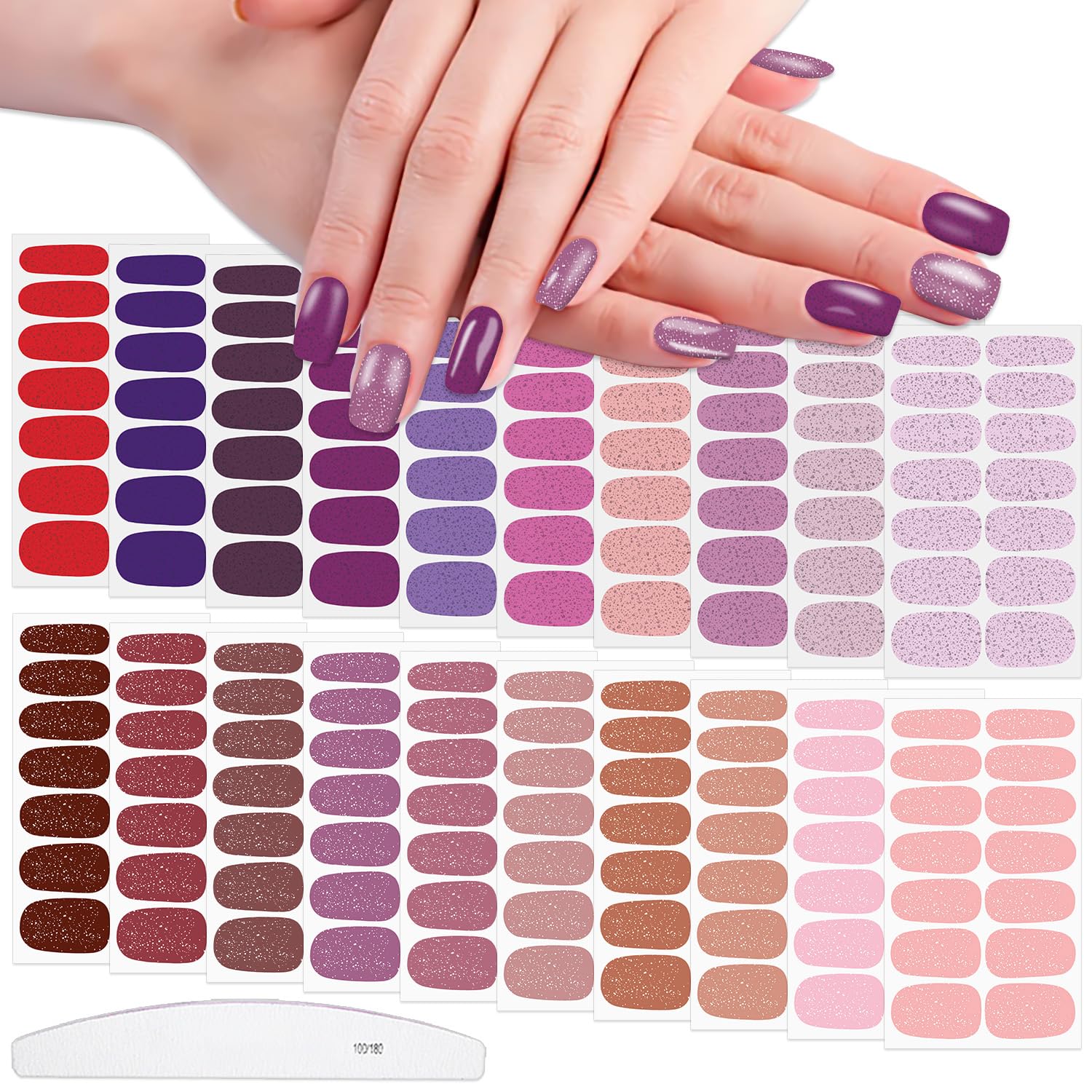 WOKOTO 20 Sheets Nail Polish Strips for Women & Girls - Rose, Beige, Pink & Glitter Colors - Solid & Glitter Nail Polish Stickers with Nail File -