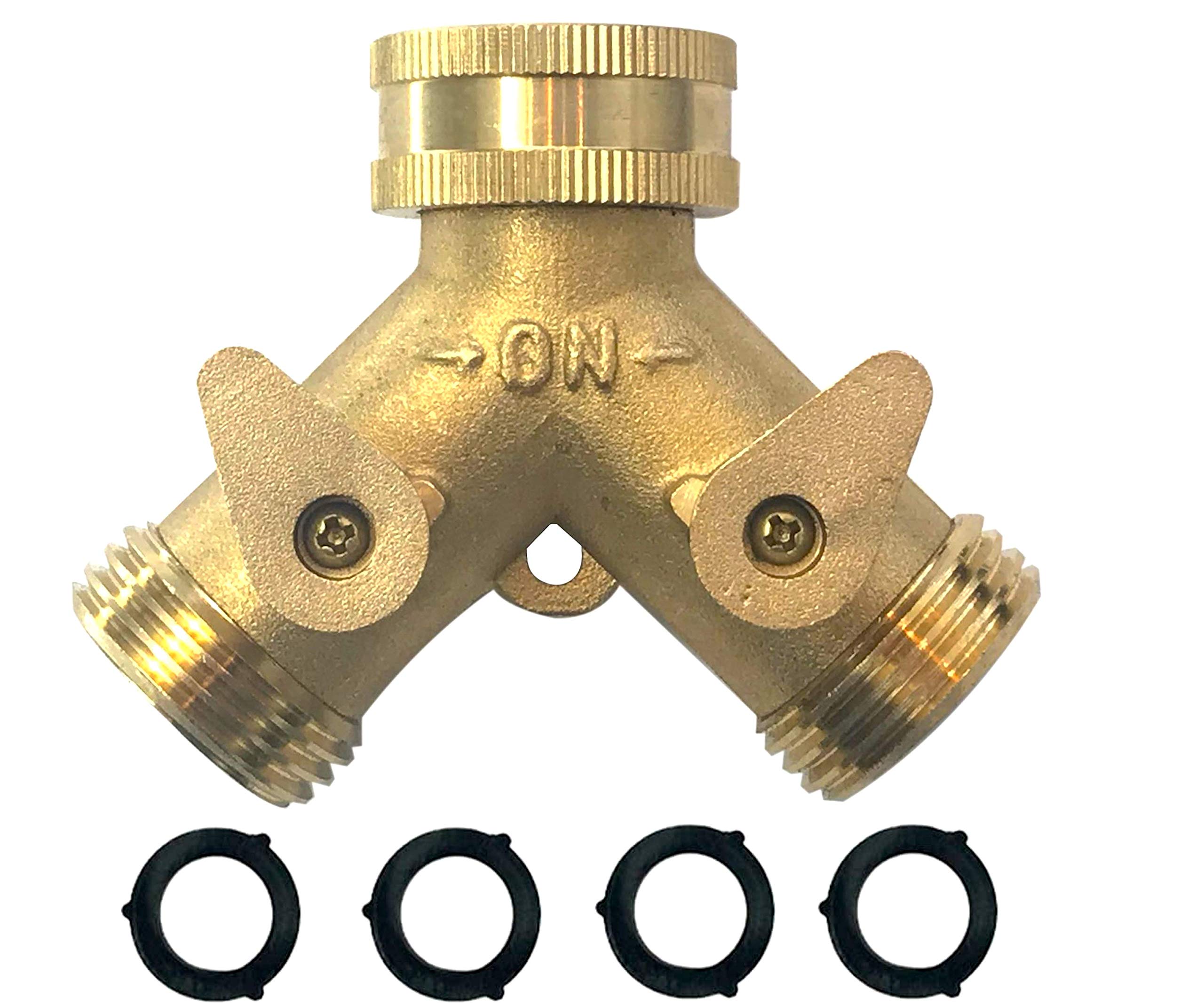 MAXFLO Heavy Duty Brass Y-Hose Splitter | Garden Hose 2 Way Splitter | Y Splitter Hose | Lawn Hose Splitter Spigot Adapter with 2 Valves | Extra Rubber Washers