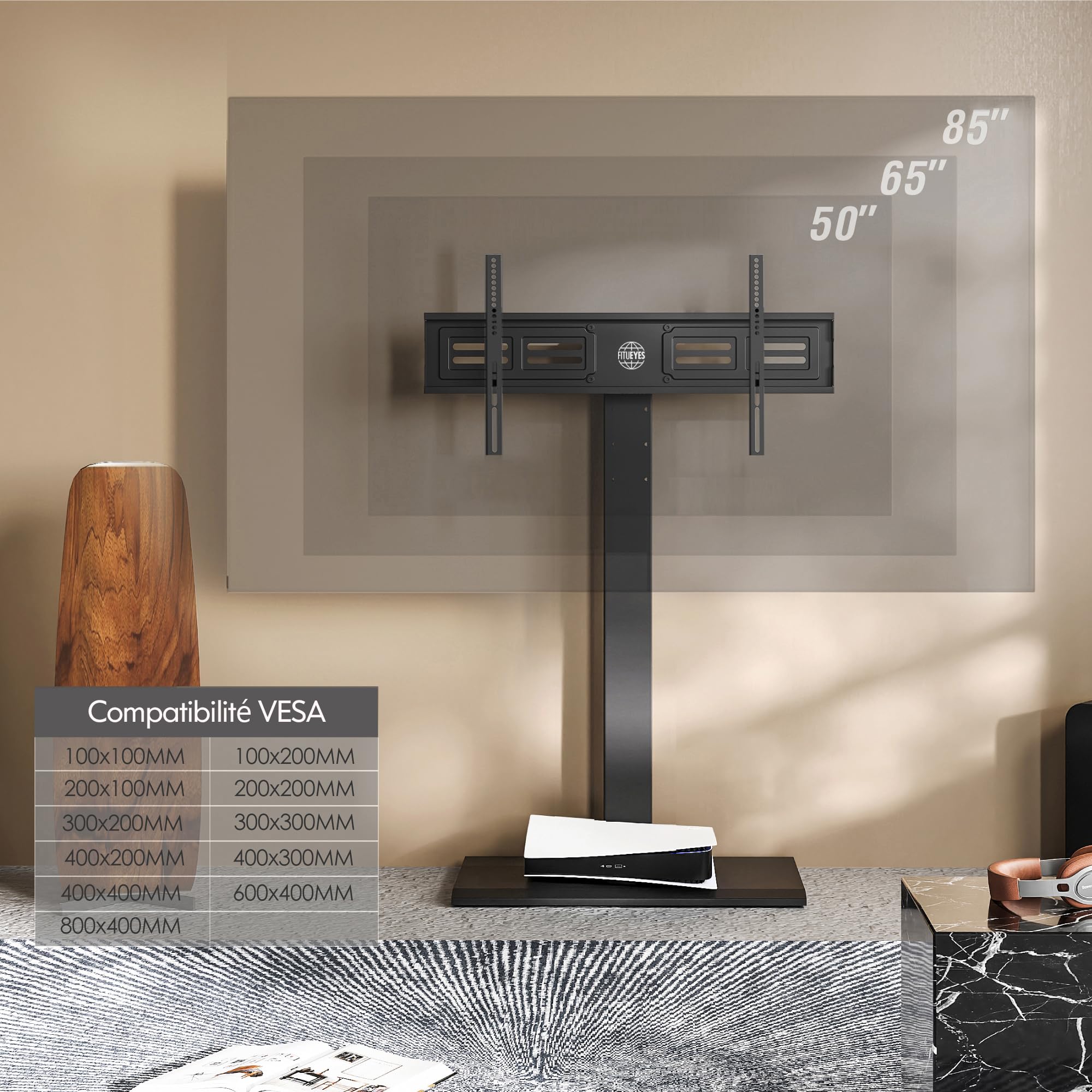 FITUEYES Support TV sur Pied, en Fer, 50-80 Pouces, VESA 800 x 400 mm | Pied TV, pour Salon, Chambre et Bureau, 8 Réglages en Hauteur, Pivotant 70°, Charge Maximale 50 kg