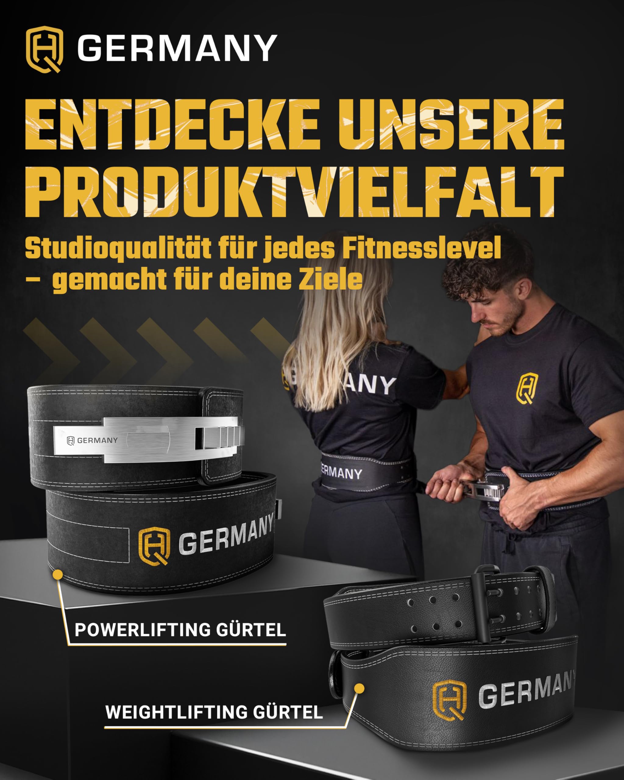 HQ Germany® Gewichthebergürtel S-XL [Echtleder] - Weightlifting Belt | 100% Rindsleder, doppelläufige Naht, veredelte Kanten, Edelstahl-Schnalle, verklebte Lederschichten, knarzfrei
