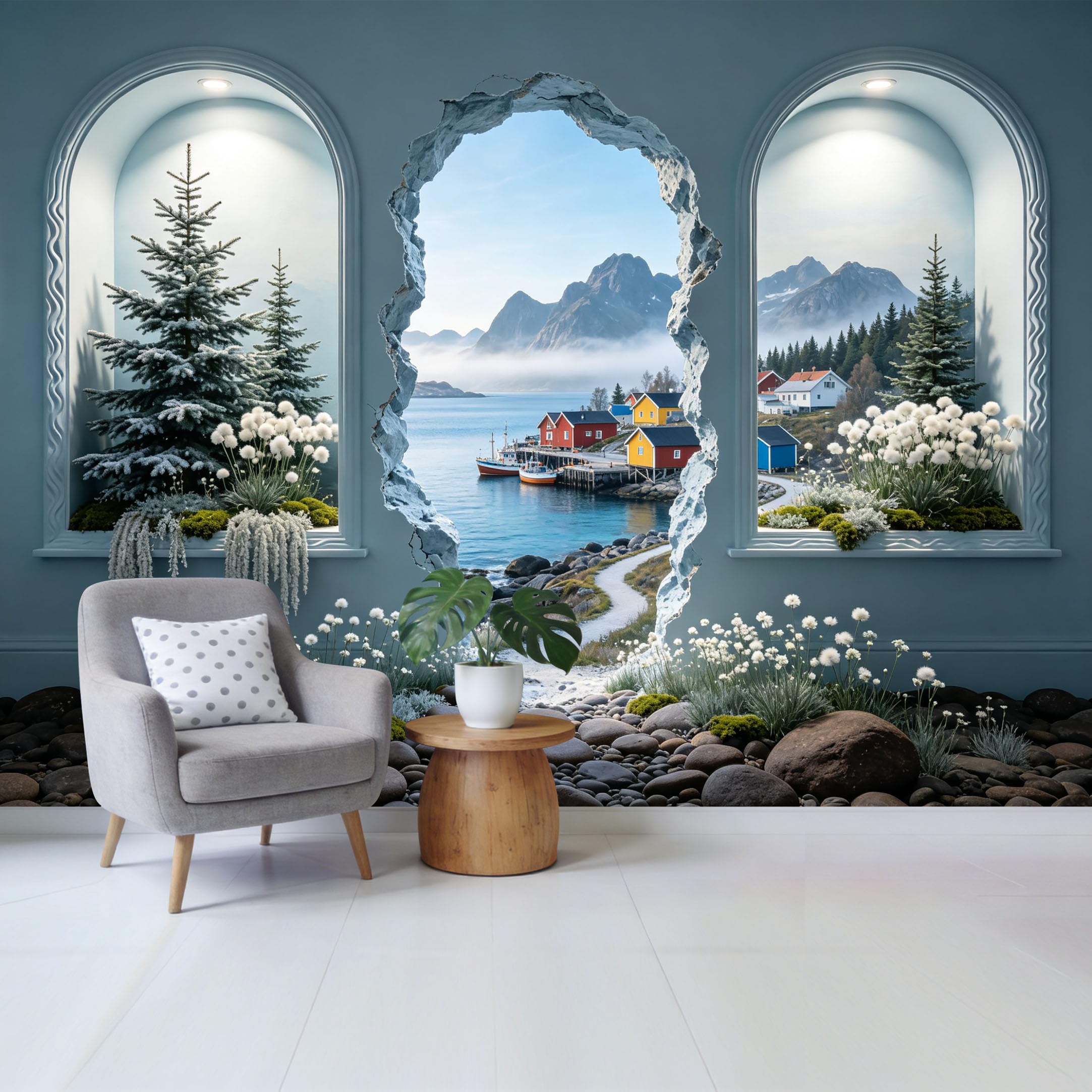 Custom Size Wall Mural Coastal Mountain Lake Village View Through Broken Wall 3D Trompe l’oeil Removable Self Adhesive Fabric Home Wall Decor for Living Room Bedroom Bathroom