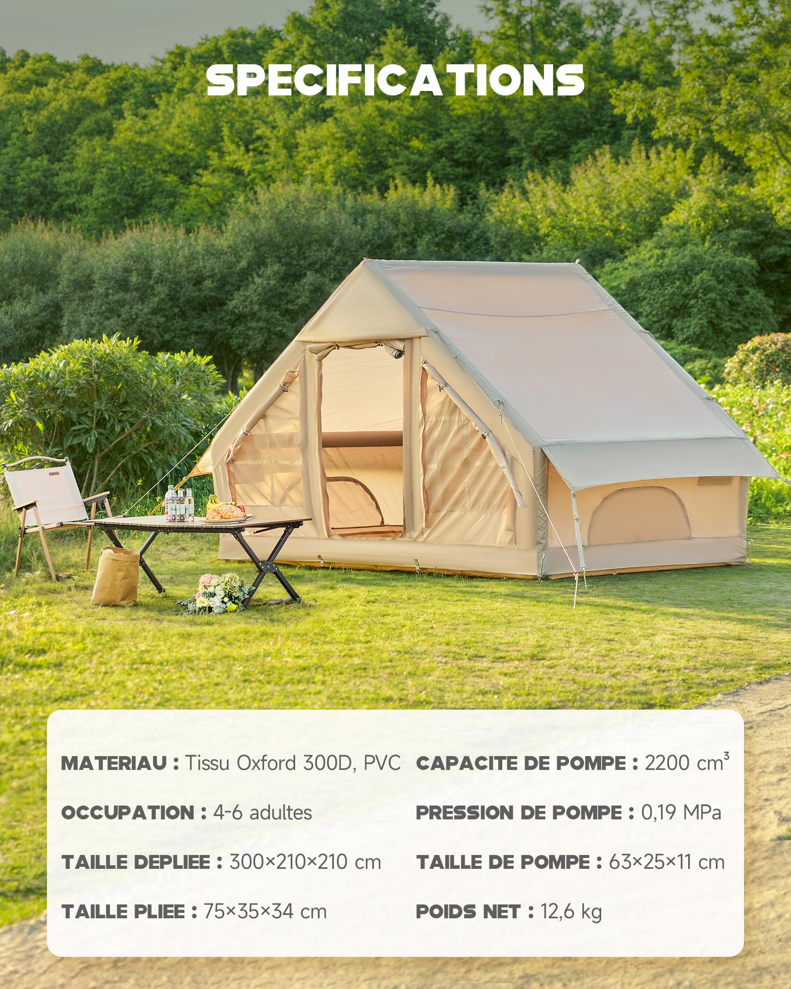 DARTMOOR Tente Gonflable 4-6 Personnes Tente de Camping Randonnéed Double Porte 4 Saisons Tissu Oxford Résistant au Vent Imperméable Extérieur Facile à Installer avec Pompe à Air et Sac de Transport