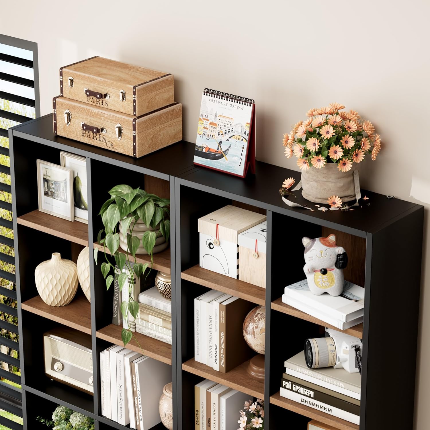 FOTOSOK 71'' Tall Bookshelf with 14 Cubes, 7 Tier Double Wide Wood Bookshelf with 6 Adjustable Shelves, 19.6" Narrow Bookcase DVD/CD Media Storage, Space Saving Display Shelf Cabinet, Black/Brown