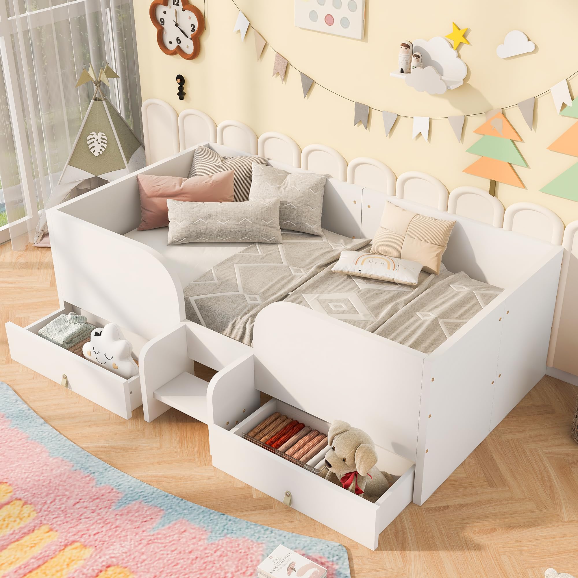 Lettino Singolo 90x200 con Due Cassetti e Piccolo Gradino Letto con Cassetti con Sponde Alte a Barre e Rete di 15 Doghe Letto in Legno in Compensato e MDF per Camera Bianco