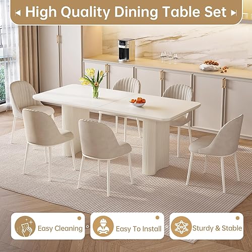 Miniatura 8 de Mesa de comedor rectangular blanca de 63 pulgadas, mesa de cocina moderna con patas de apoyo onduladas resistentes y elegantes para sala de estar,