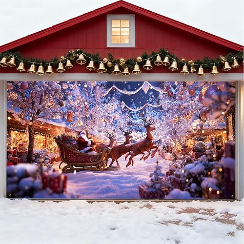 Pancarta navideña para puerta de garaje, escena nocturna de invierno de 6 x 13 pies con camión retro de Papá Noel, decoración grande de vacaciones
