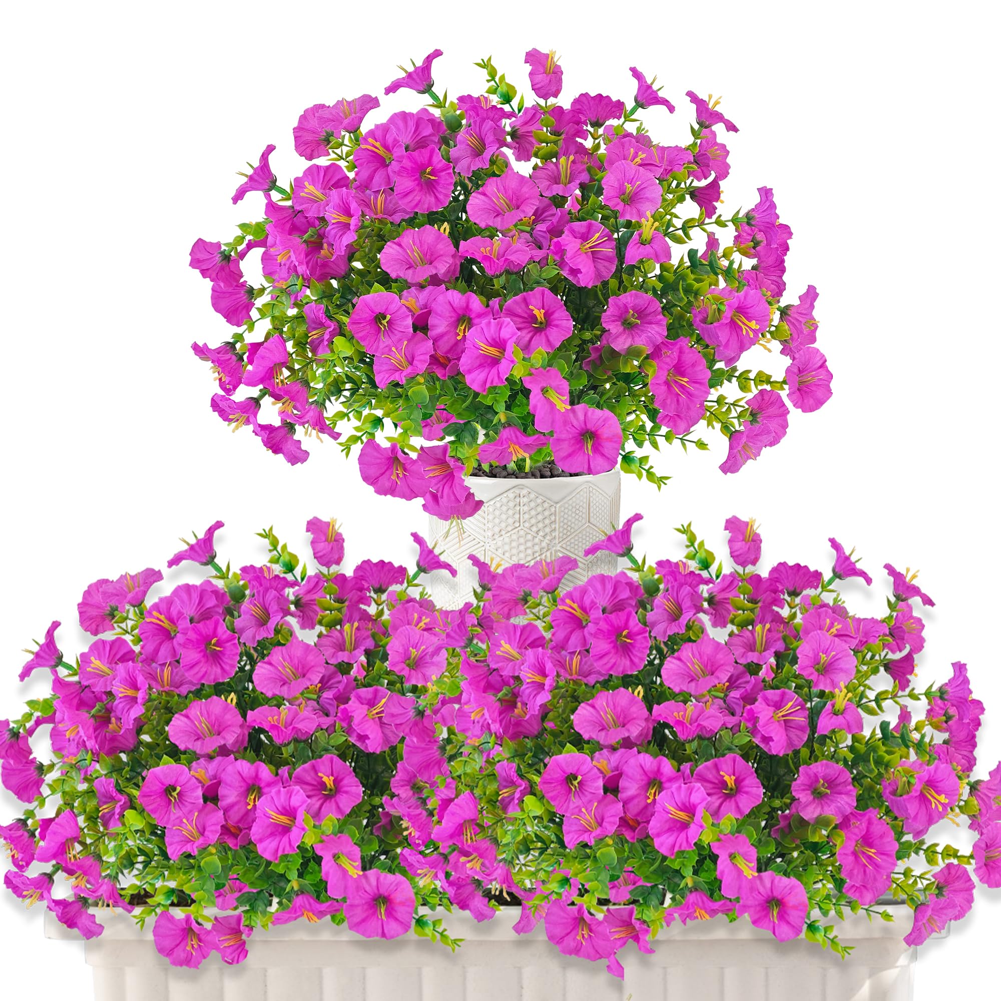 TINA Flores Artificiales Seda Petunia 6 Paquetes Flores Artificiales para Exteriores Ramo de Plantas Artificiales Eucalipto Gloria matutina Resistentes a los Rayos UV para Jardín Porche Balcón Patio